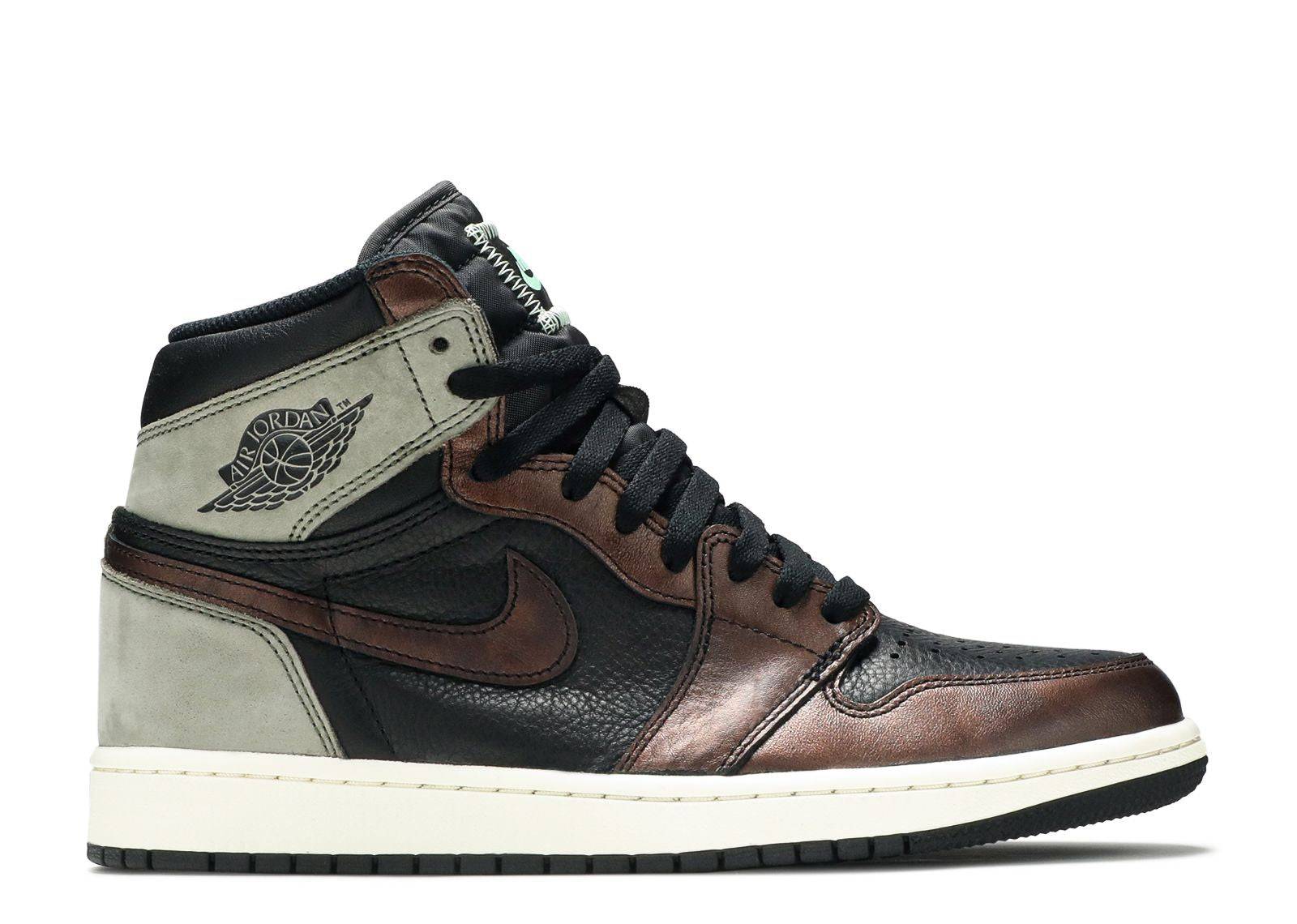 Air Jordan 1 Retro High OG Patina sneaker featuring black leather upper, Light Army suede panels, and copper overlays with mint Nike Air logo.