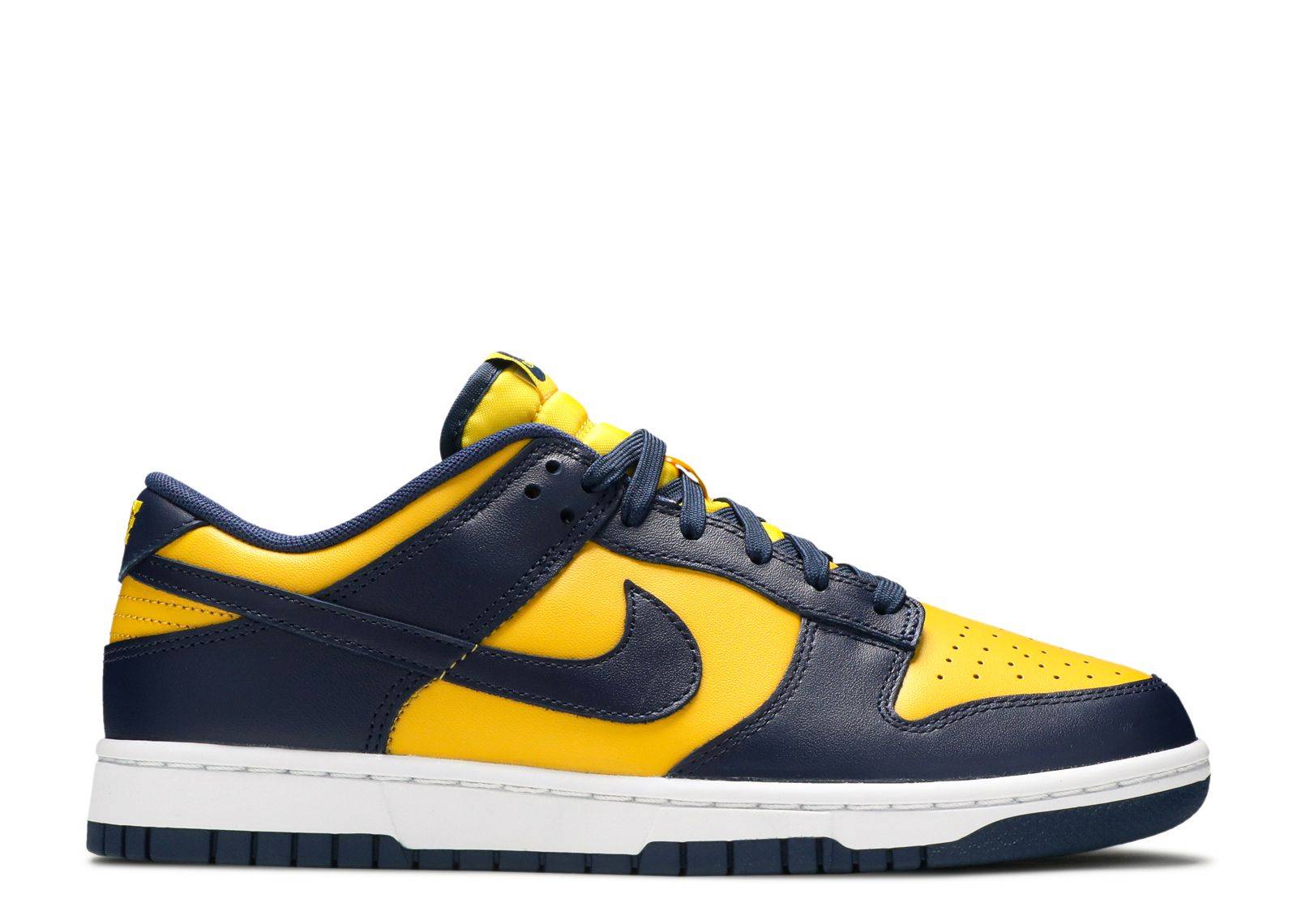 Nike Dunk Low Michigan 2021 sneaker featuring Varsity Maize leather upper with Midnight Navy overlays and white midsole. Released June 2021.