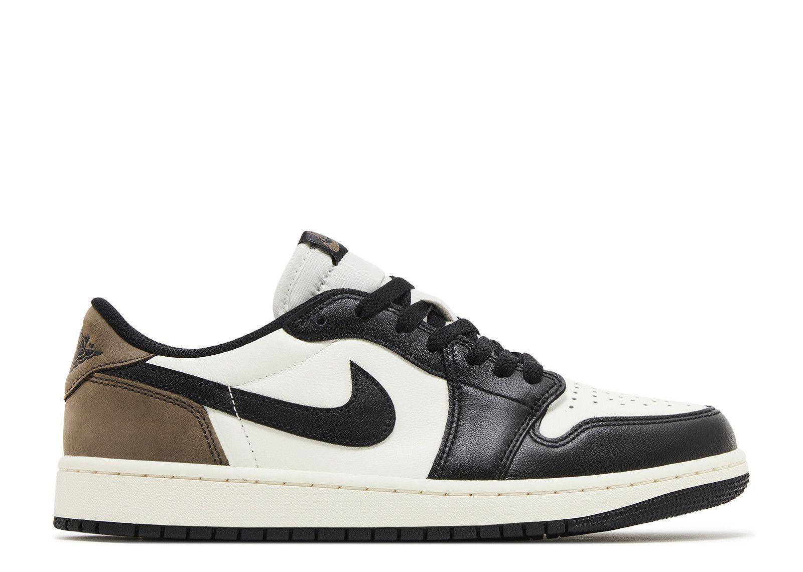 Air Jordan 1 Mocha Low OG sneaker featuring a retro design with premium leather and suede in mocha, black, and white tones. Perfect for fans of classic 80s basketball style.