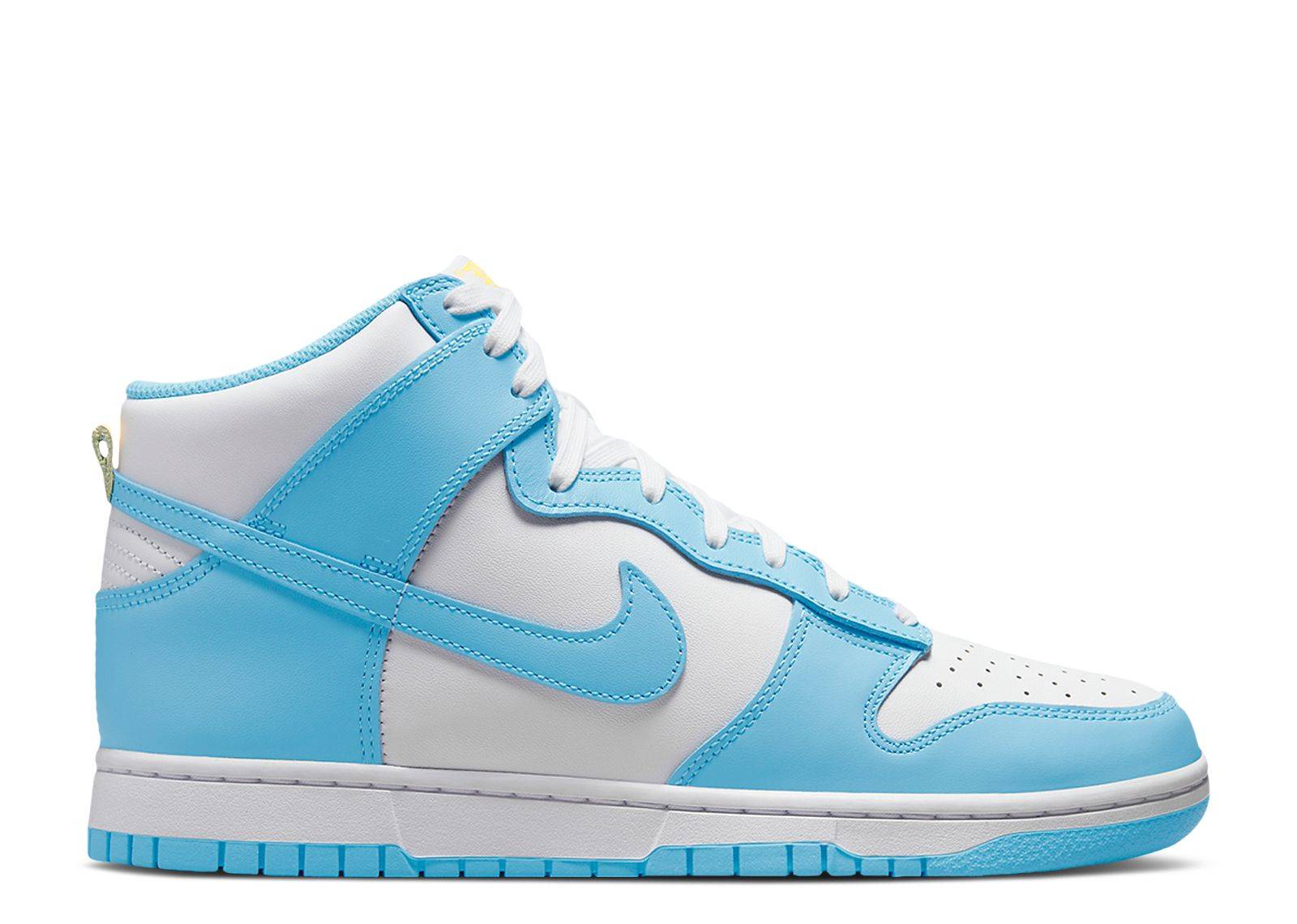 Nike Dunk High Blue Chill sneaker with smooth leather, featuring a white upper and blue chill overlays. Stylish and durable design for casual wear.