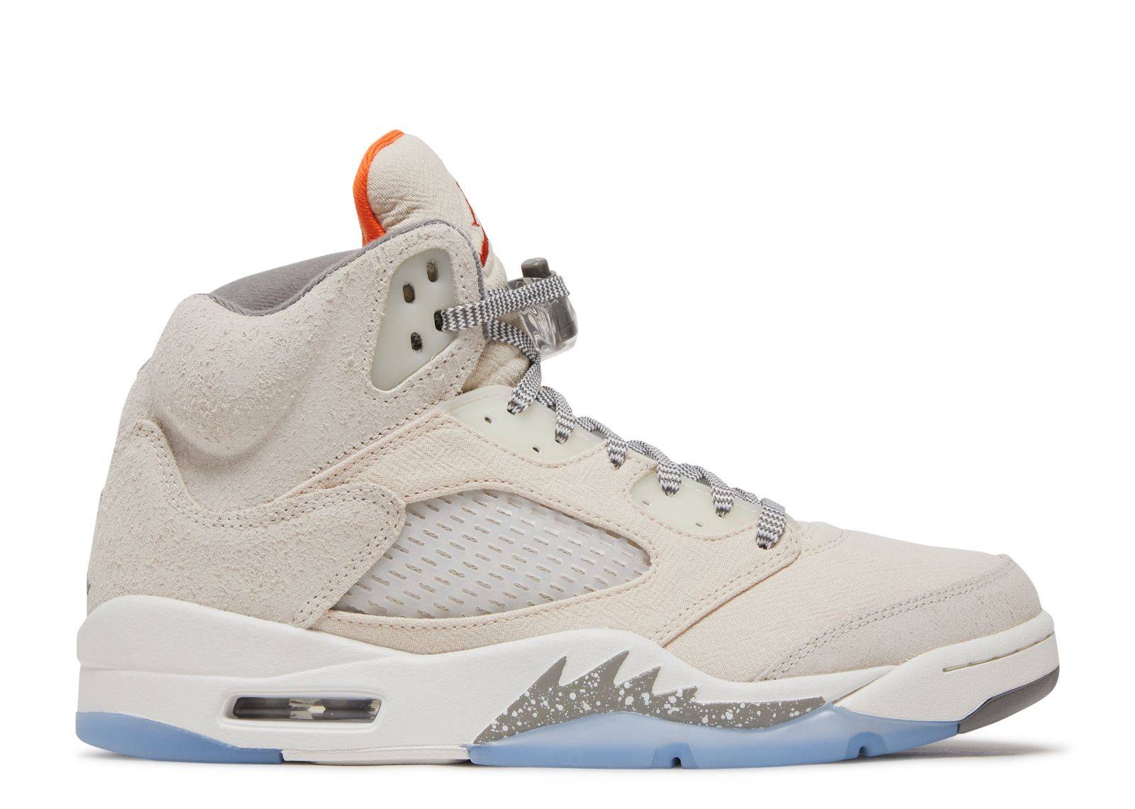 Air Jordan 5 Retro SE Craft sneaker featuring premium beige suede and canvas upper, icy blue outsole, and orange accents. Limited edition release on May 17, 2023.