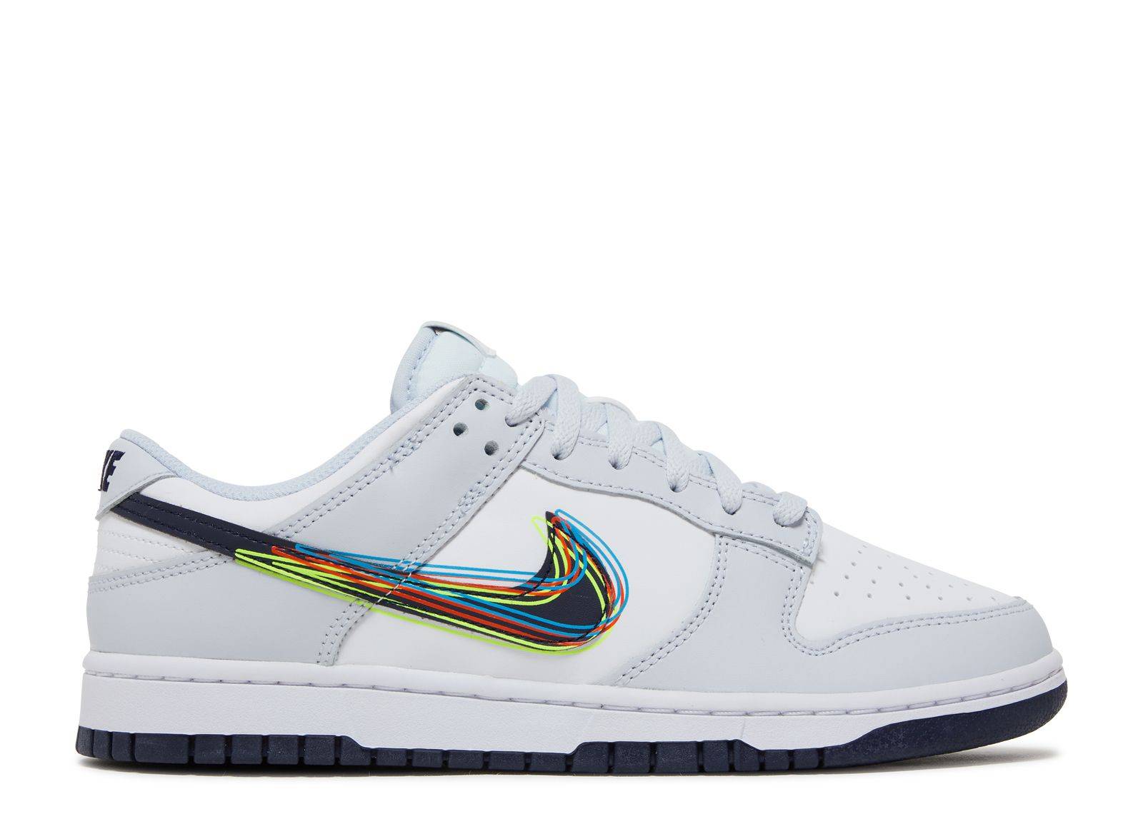 Dunk Low 3D Swoosh sneaker featuring a smooth white leather upper, multicolored layered 3D Swoosh design, and foam sole with dark outsole.