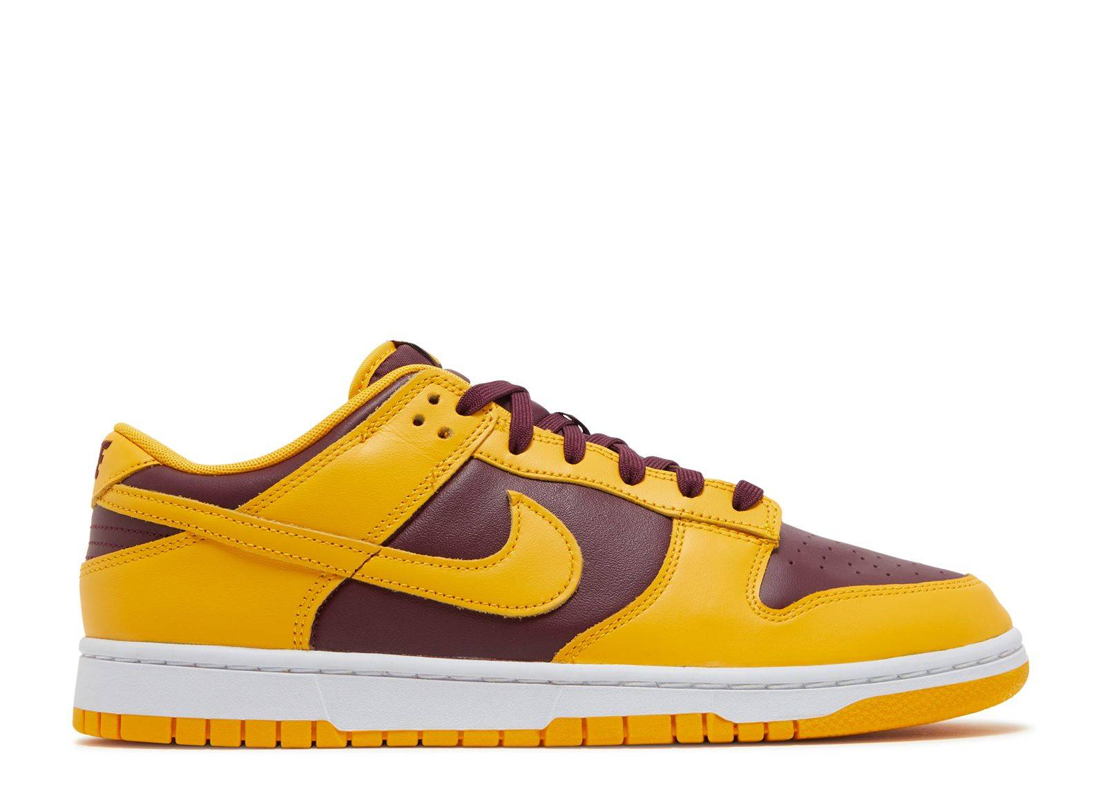 Dunk Low Arizona State sneaker featuring a bordeaux and yellow leather upper, white midsole, and rubber outsole. Perfect for college-inspired style.