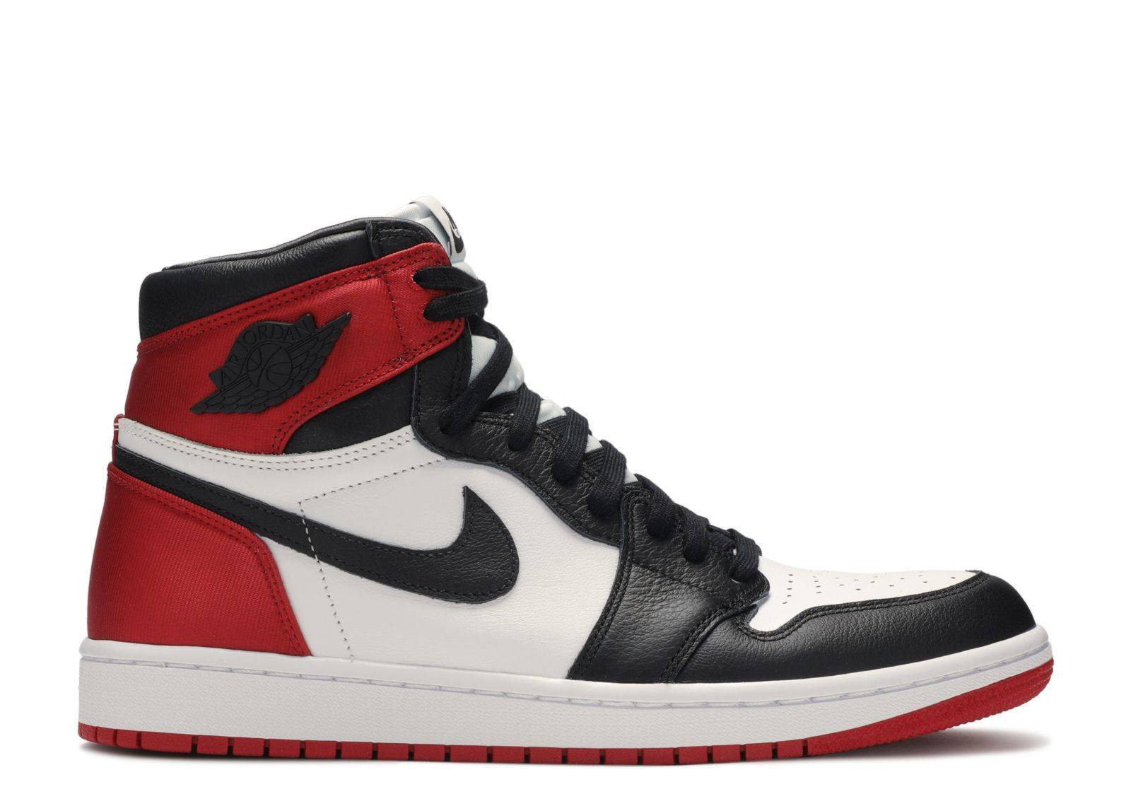 Wmns Air Jordan 1 Retro Satin - Black Toe women's sneaker featuring a mix of leather and satin in black, white, and red with a metal Wings logo.