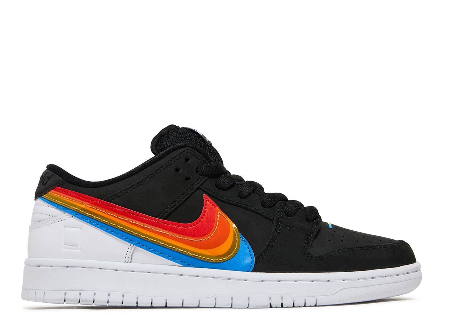 Polaroid x Dunk Low SB sneaker featuring a black Durabuck upper, triple-layered Swoosh in red, orange, and blue, and white midsole. Inspired by Polaroid's logo with color spectrum embroidery and patent leather accents.