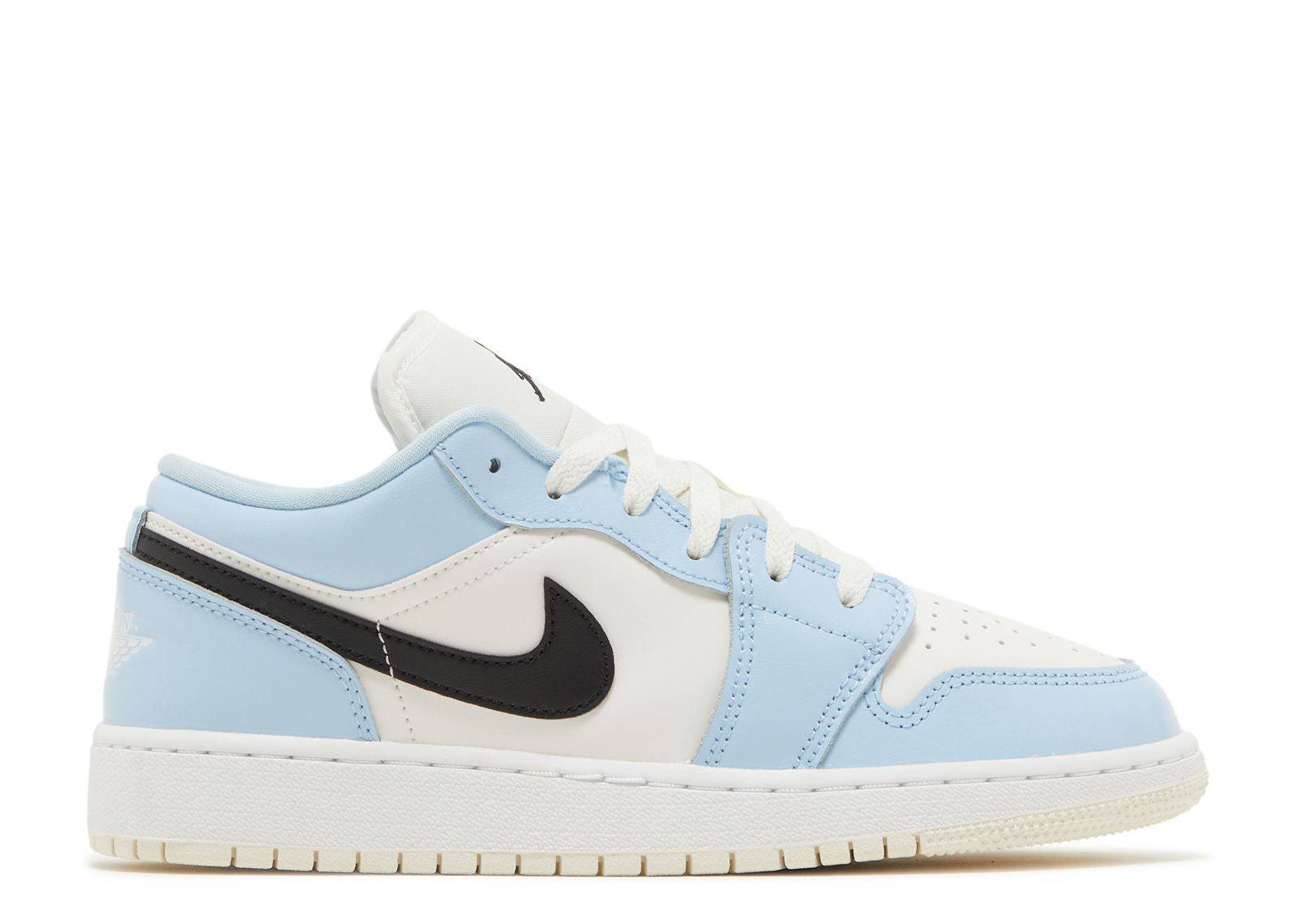 Air Jordan 1 Low GS Ice Blue sneaker featuring a leather upper with ice blue overlays, black Swoosh, and perforated white toe box.