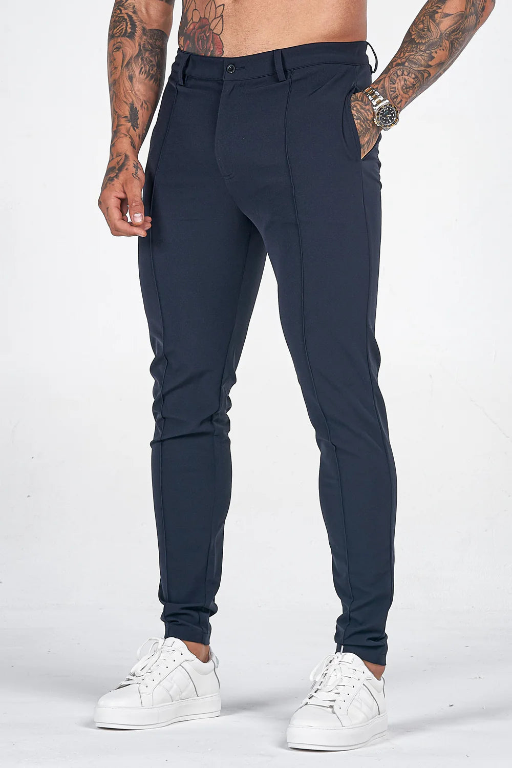 Milan Trousers Navy featuring side pockets and a sleek tailored fit. Ideal for casual or semi-formal occasions.