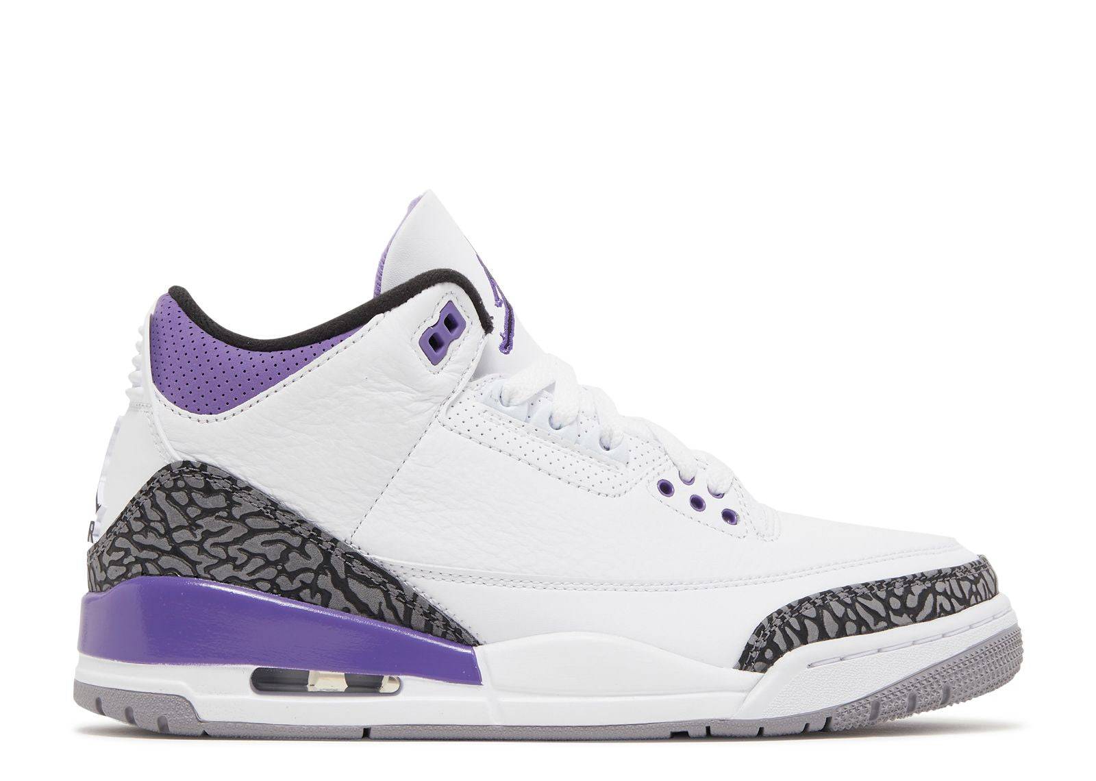 Air Jordan 3 Retro Dark Iris high-top sneakers in white leather with purple accents, black elephant print overlays, and Jumpman logo. Perfect for casual and athletic wear.