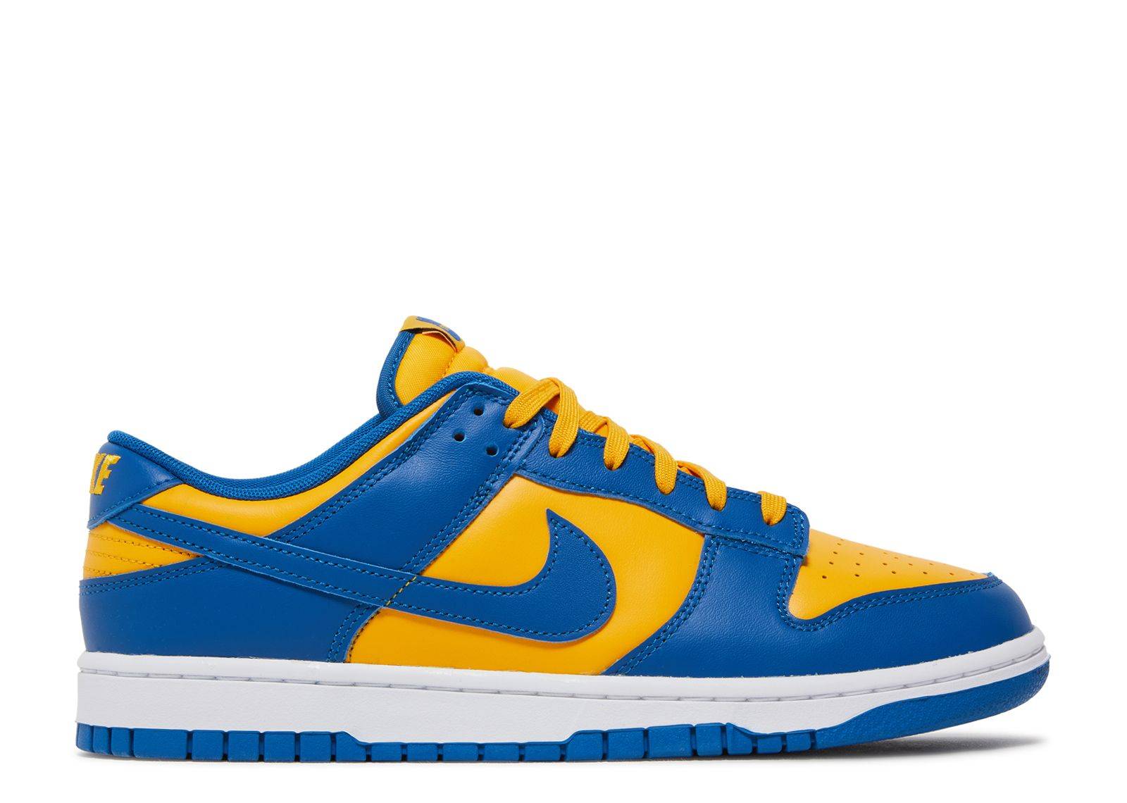 Nike Dunk Low UCLA sneakers in University Gold and Blue Jay leather, featuring a low-top design with white midsoles and yellow laces.