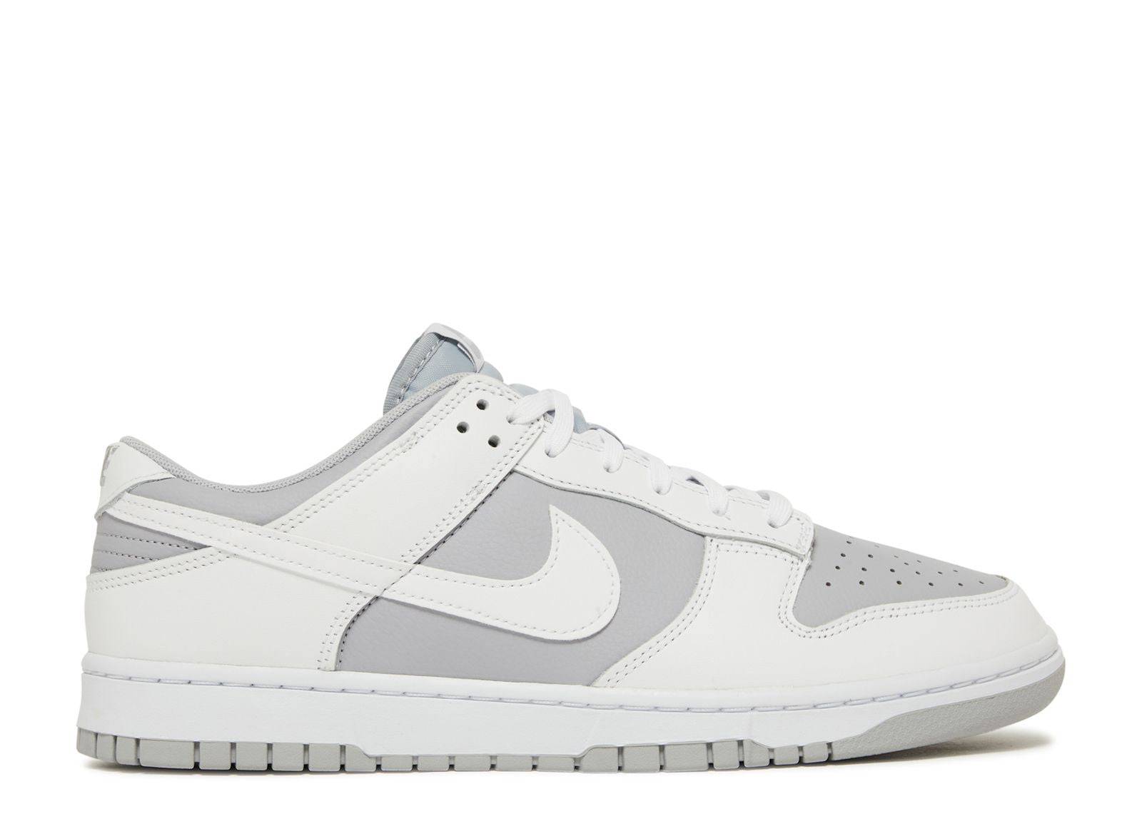 Nike Dunk Low White Neutral Grey sneaker featuring a white leather upper with neutral grey overlays, iconic Swoosh logo, and two-tone sole.