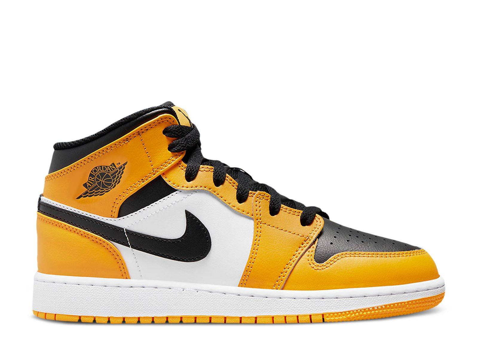 Air Jordan 1 Mid GS Reverse Yellow Toe sneaker featuring a vibrant yellow upper, black accents, Nike Swoosh, and white midsole. Perfect for casual and summer styles.