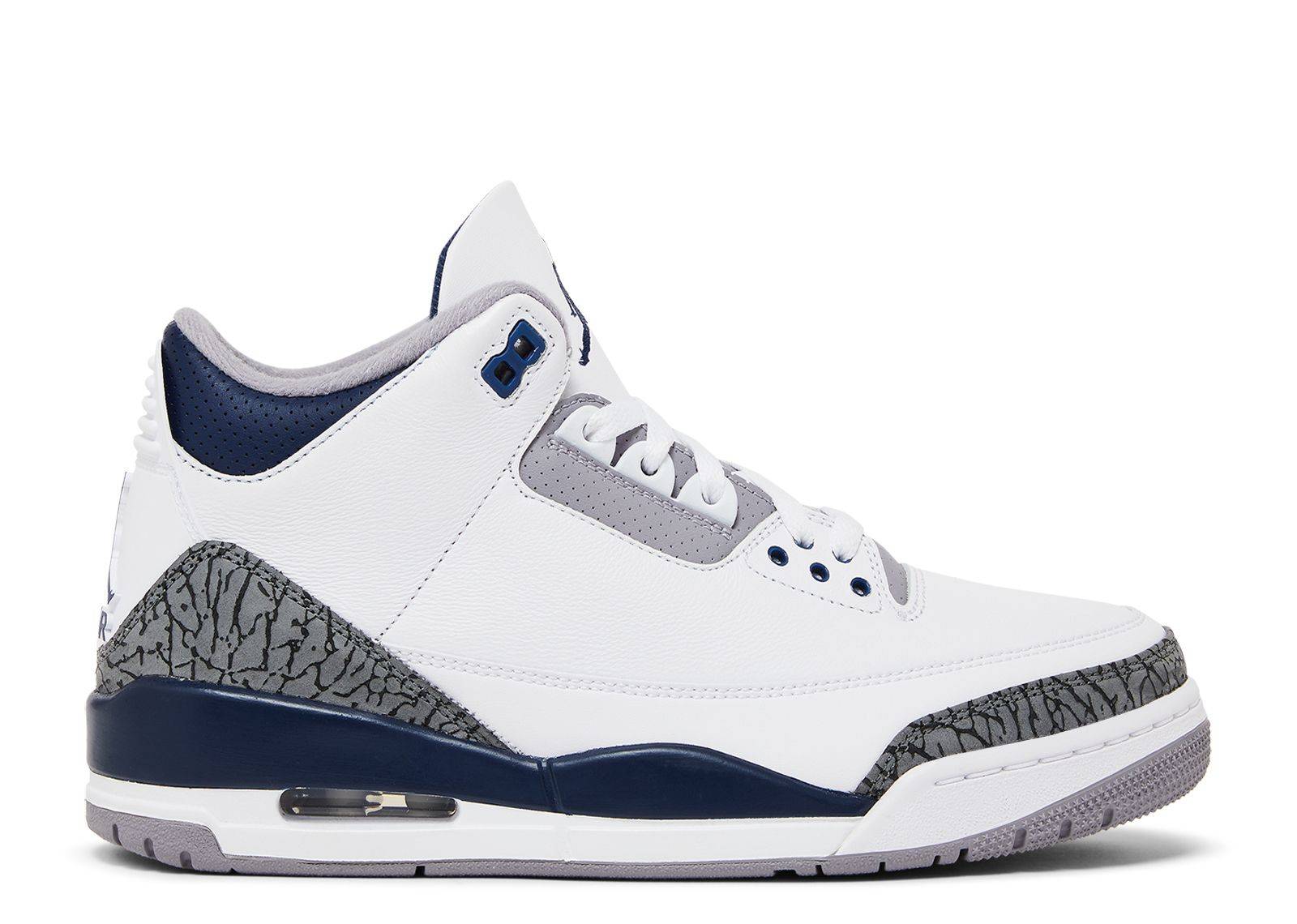 Air Jordan 3 Retro Midnight Navy sneaker featuring white leather upper, Cement Gray elephant print, and Midnight Navy accents. Iconic design with Air-assisted comfort.