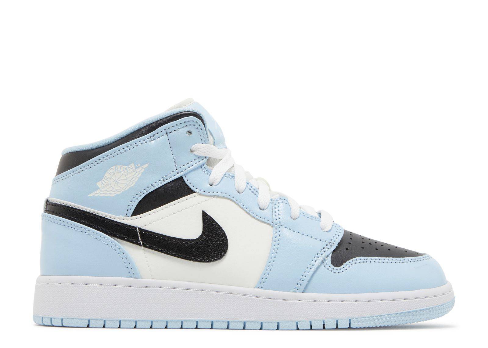 Air Jordan 1 Mid GS Ice Blue sneaker featuring a baby blue and Off-White colorway with black accents and a crisp white sole. Designed for grade-school sizes.