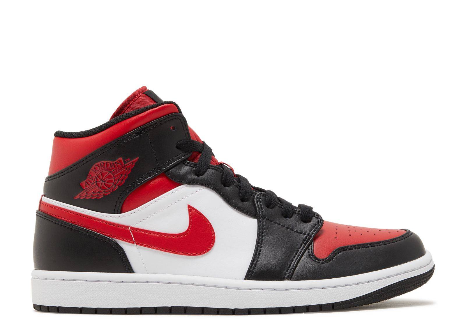 Air Jordan 1 Mid Bred Toe sneaker featuring a Noble Red, black, and white leather design with classic Nike branding. Perfect for sneaker enthusiasts and collectors.