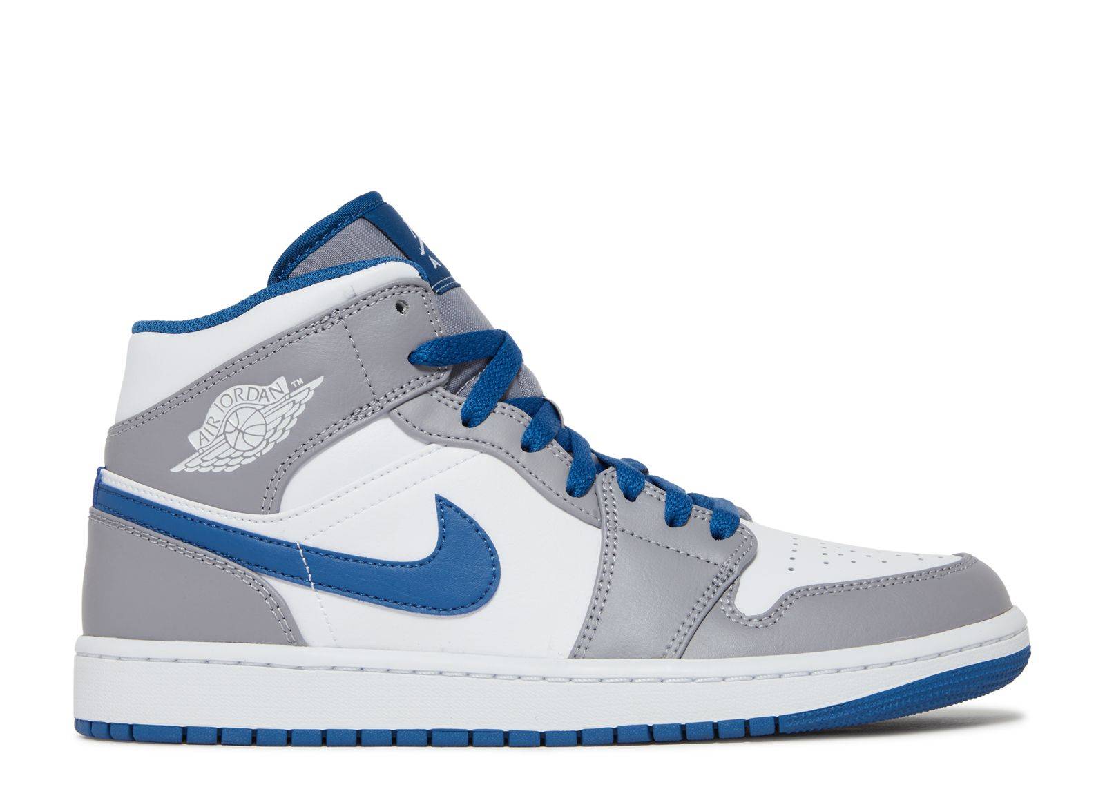 Air Jordan 1 Mid True Blue sneakers featuring a white leather upper with True Blue accents, blue laces, and a gray overlay. Iconic Nike design with AIR cushioning.