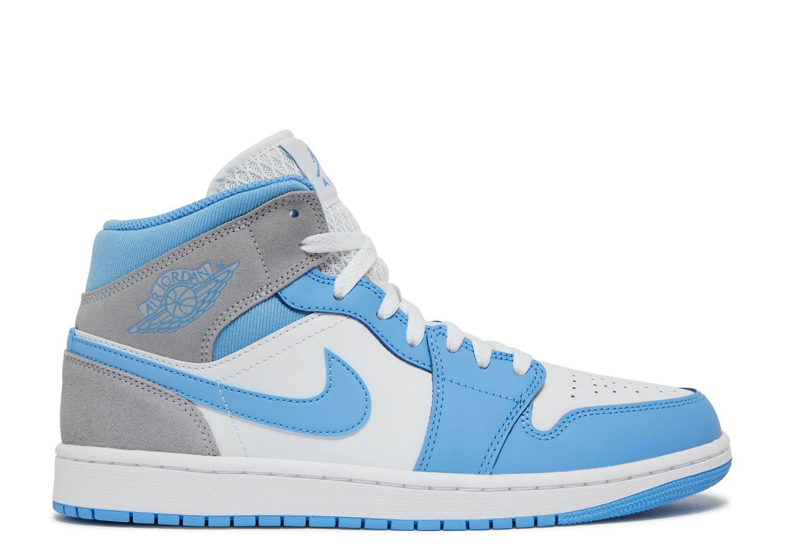 Air Jordan 1 Mid SE University Blue sneaker featuring a white leather base, blue overlays, and gray suede accents. Classic silhouette with Nike Swoosh and breathable design.