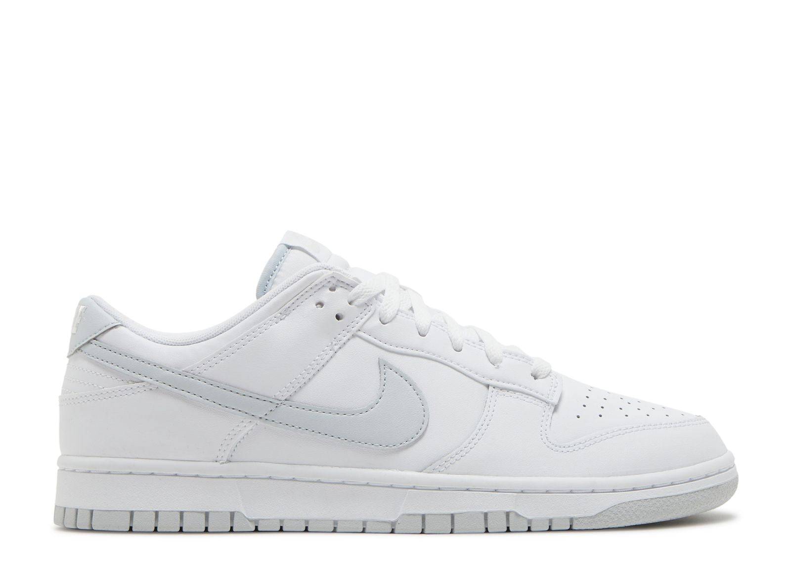 Nike Dunk Low Pure Platinum sneaker in a sleek platinum tone with leather construction, perforated toe box, and rubber cupsole.