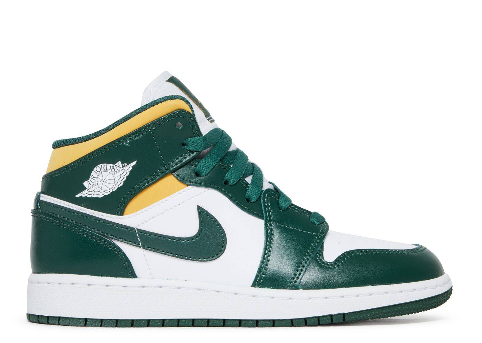 Air Jordan 1 Mid GS Sonics sneaker in Noble Green, Pollen, and White with green overlays, yellow collar trim, and green Nike swoosh.