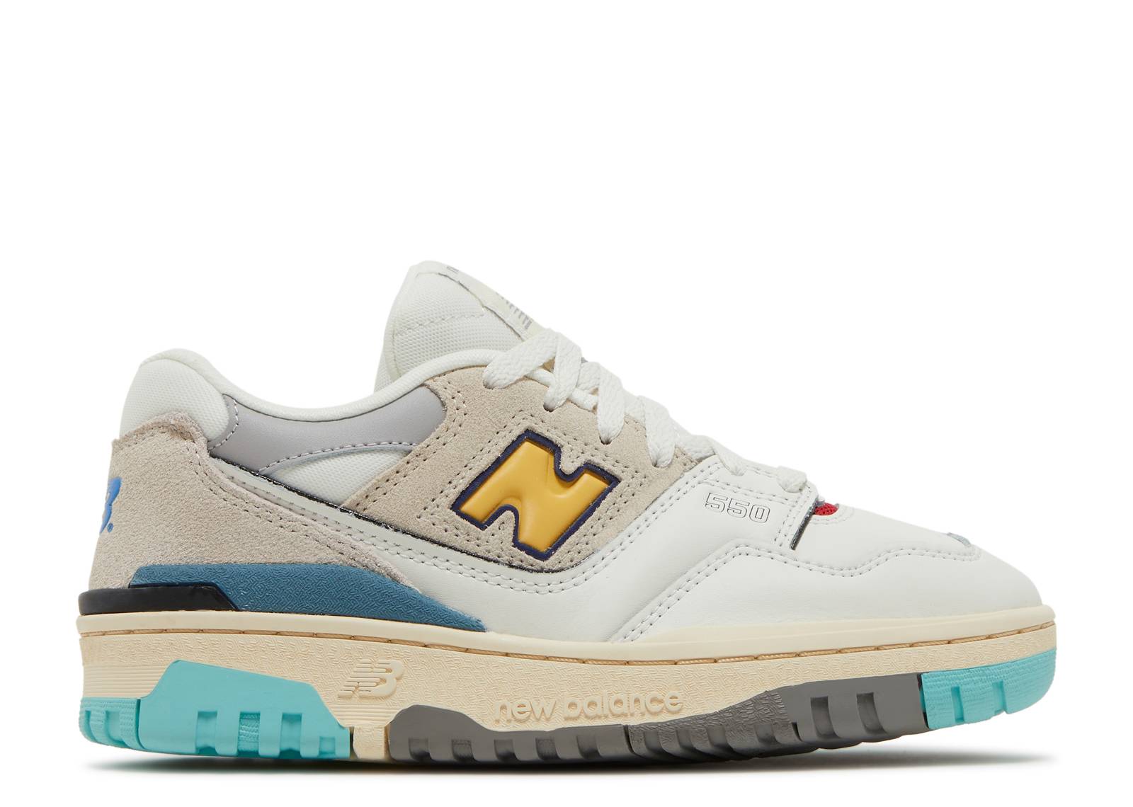 New Balance 550 Kid White Surf sneaker featuring premium white leather, blue and yellow accents, classic logo, and durable sole for superior traction.