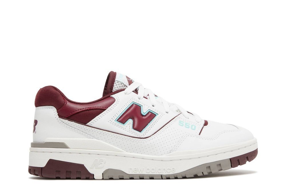 New Balance 550 Burgundy Turquoise sneaker featuring a white leather upper with burgundy and turquoise accents, retro design, and durable sole.