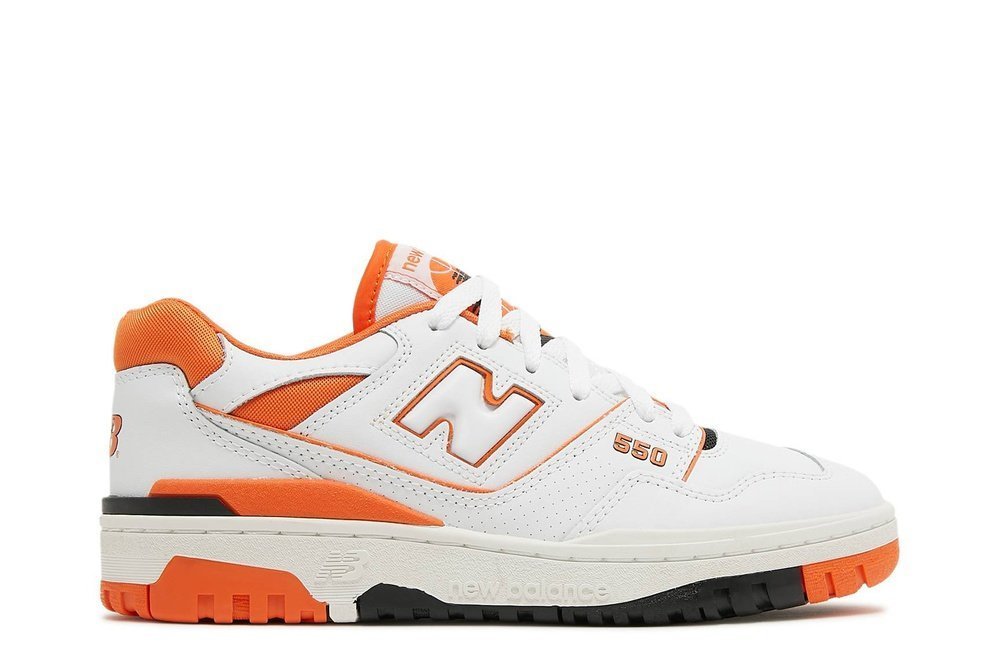 New Balance 550 Varsity Orange sneaker featuring a retro design with white leather upper, orange accents, and EVA cushioning for comfort.