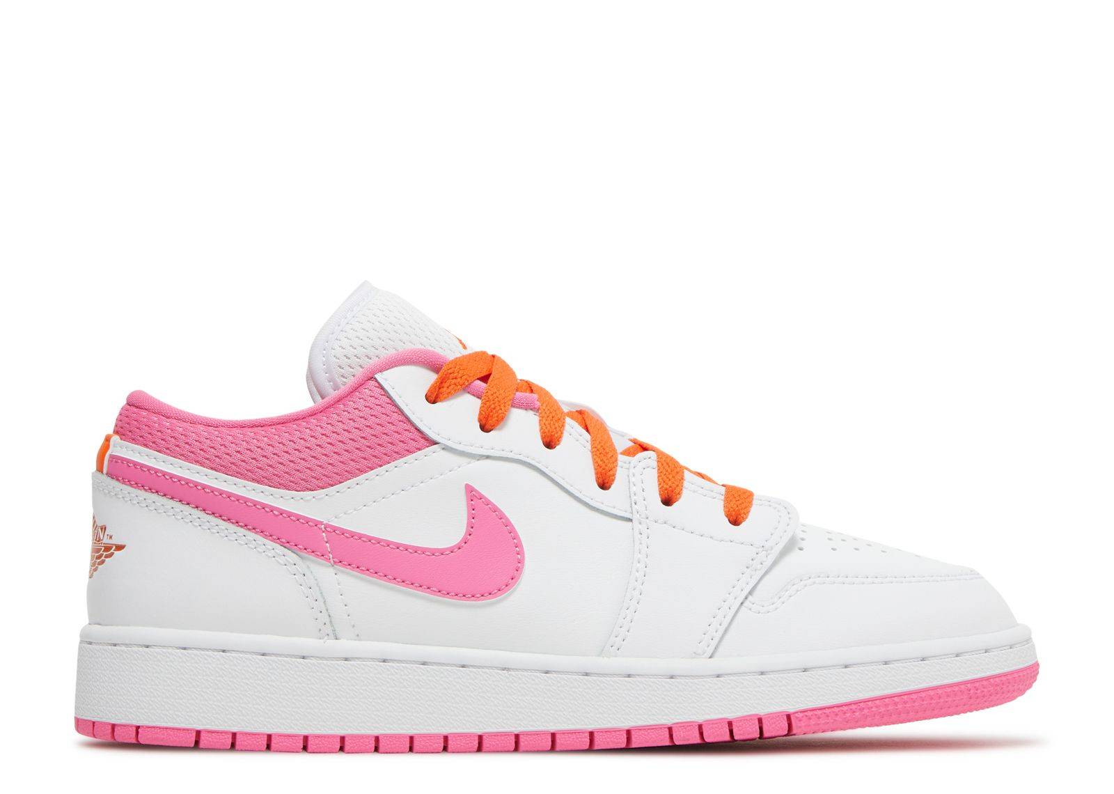 Air Jordan 1 Low GS Pinksicle kids' sneaker featuring white leather, pink mesh collar, pink Swoosh, and orange laces. Stylish and comfortable.