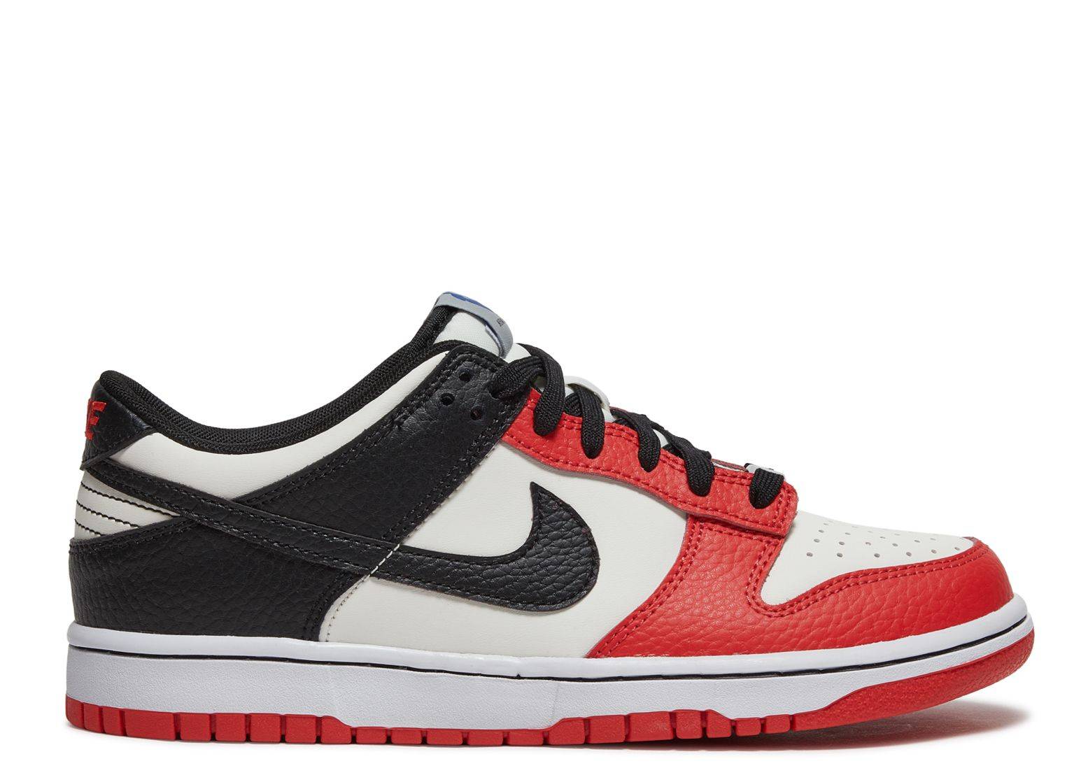 NBA x Dunk Low EMB GS 75th Anniversary - Bulls sneaker featuring sail leather upper, red toe wrap, black overlays, and NBA logo details.