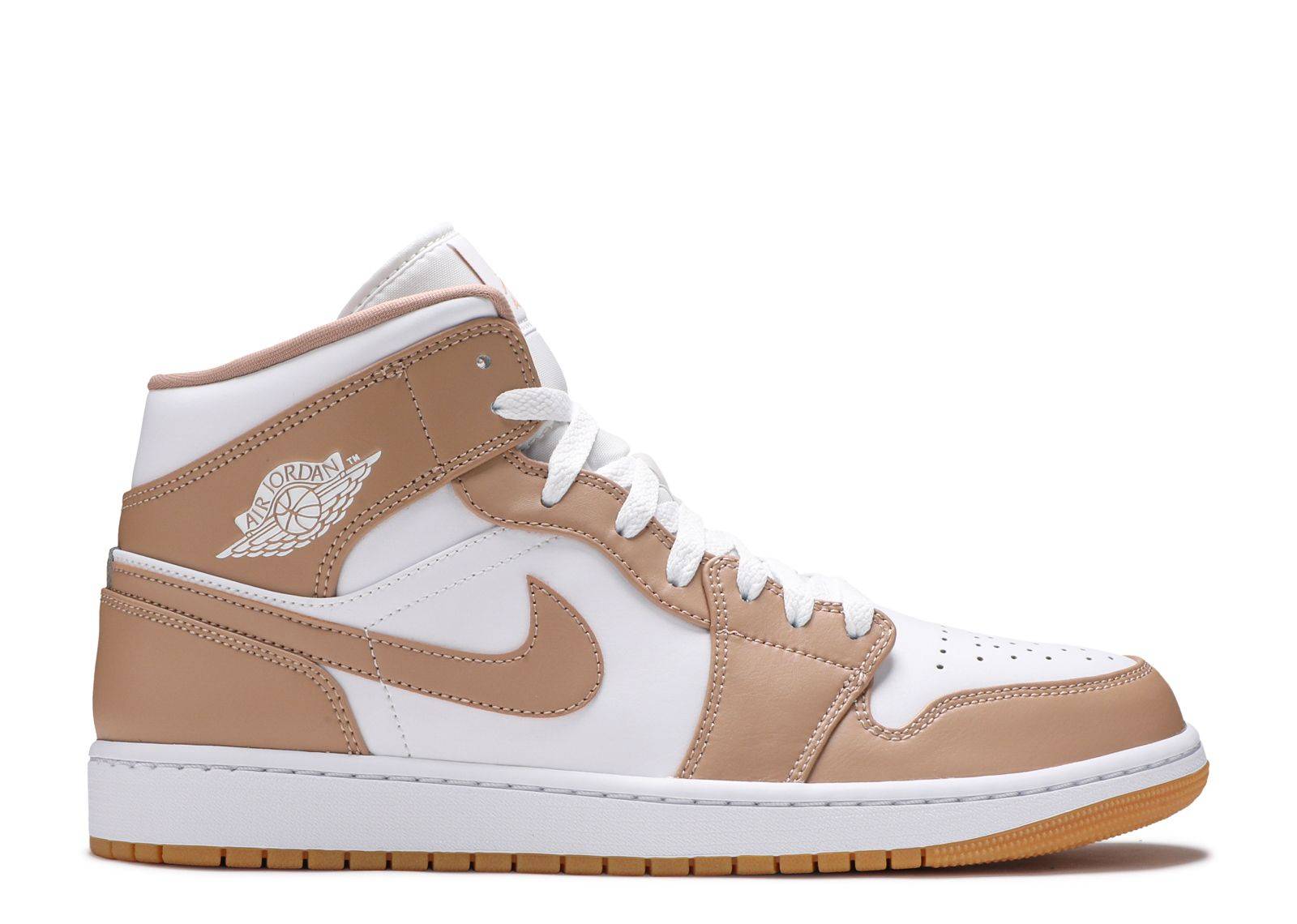 Air Jordan 1 Mid Tan Gum sneaker featuring white leather base, tan overlays, white laces, and a gum outsole. Classic 2021 Jordan style.