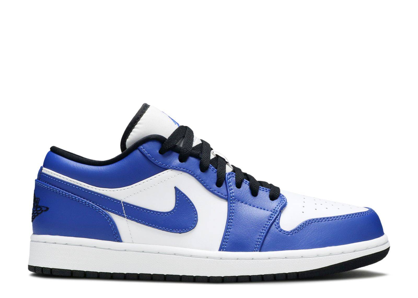 Air Jordan 1 Low Game Royal sneaker featuring a Chicago color-blocking pattern with white leather base and vibrant blue overlays. Iconic design with black laces and outsole, perfect for sneaker enthusiasts.