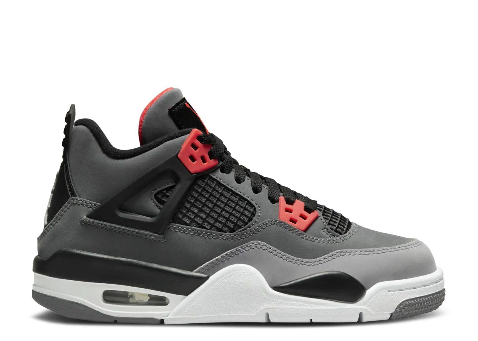 Air Jordan 4 Retro GS Infrared sneaker featuring a grey nubuck upper, black mesh accents, and vibrant Infrared details. Lightweight cushioning with Air-sole for comfort.