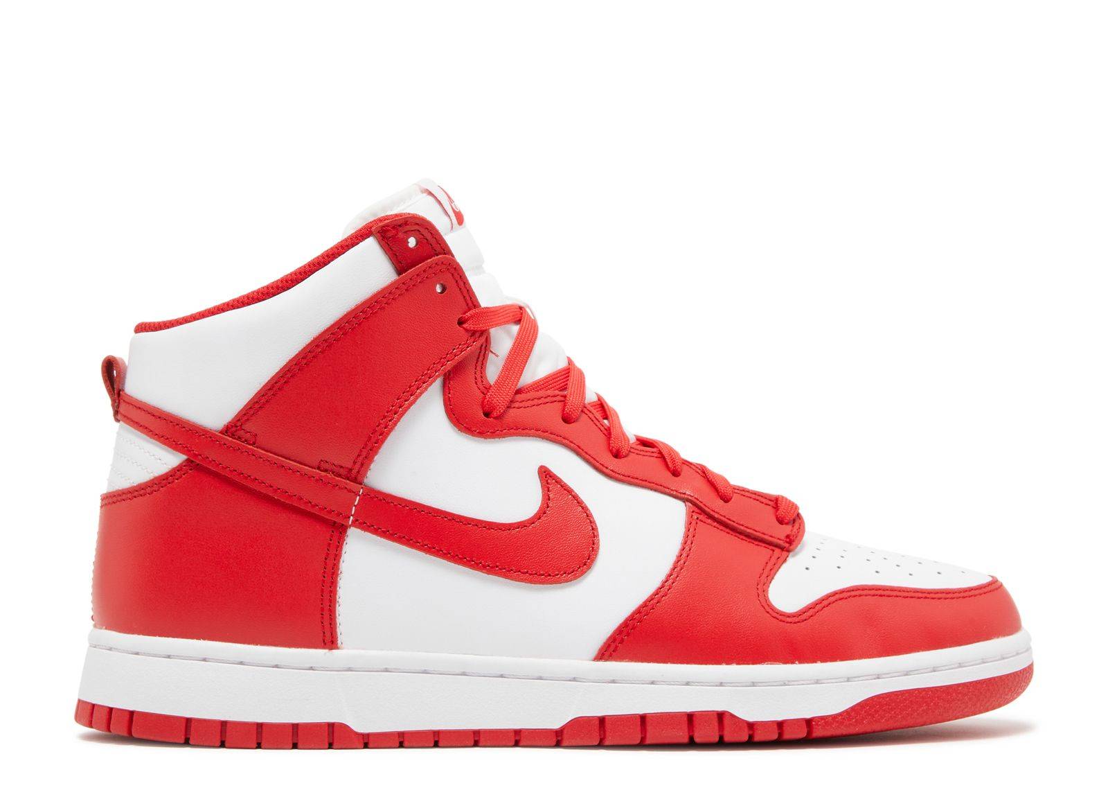 Nike Dunk High Championship Red sneaker featuring a two-tone red and white leather upper, high-top design, and classic Air sole.