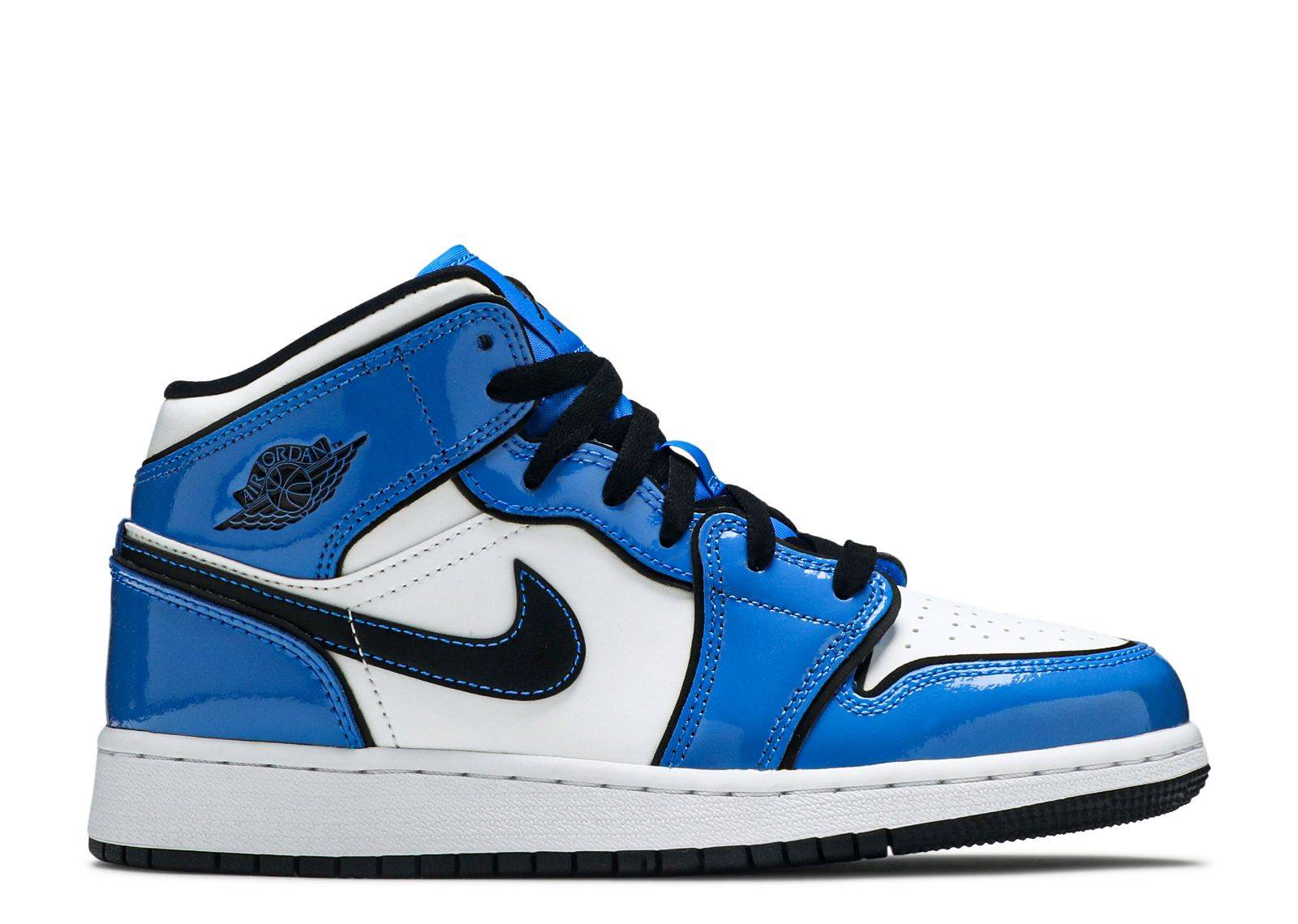 Air Jordan 1 Mid SE GS Signal Blue sneaker featuring a glossy patent leather overlay in vibrant blue with contrasting white underlays and black accents. Perfect for collectors and sneaker enthusiasts.