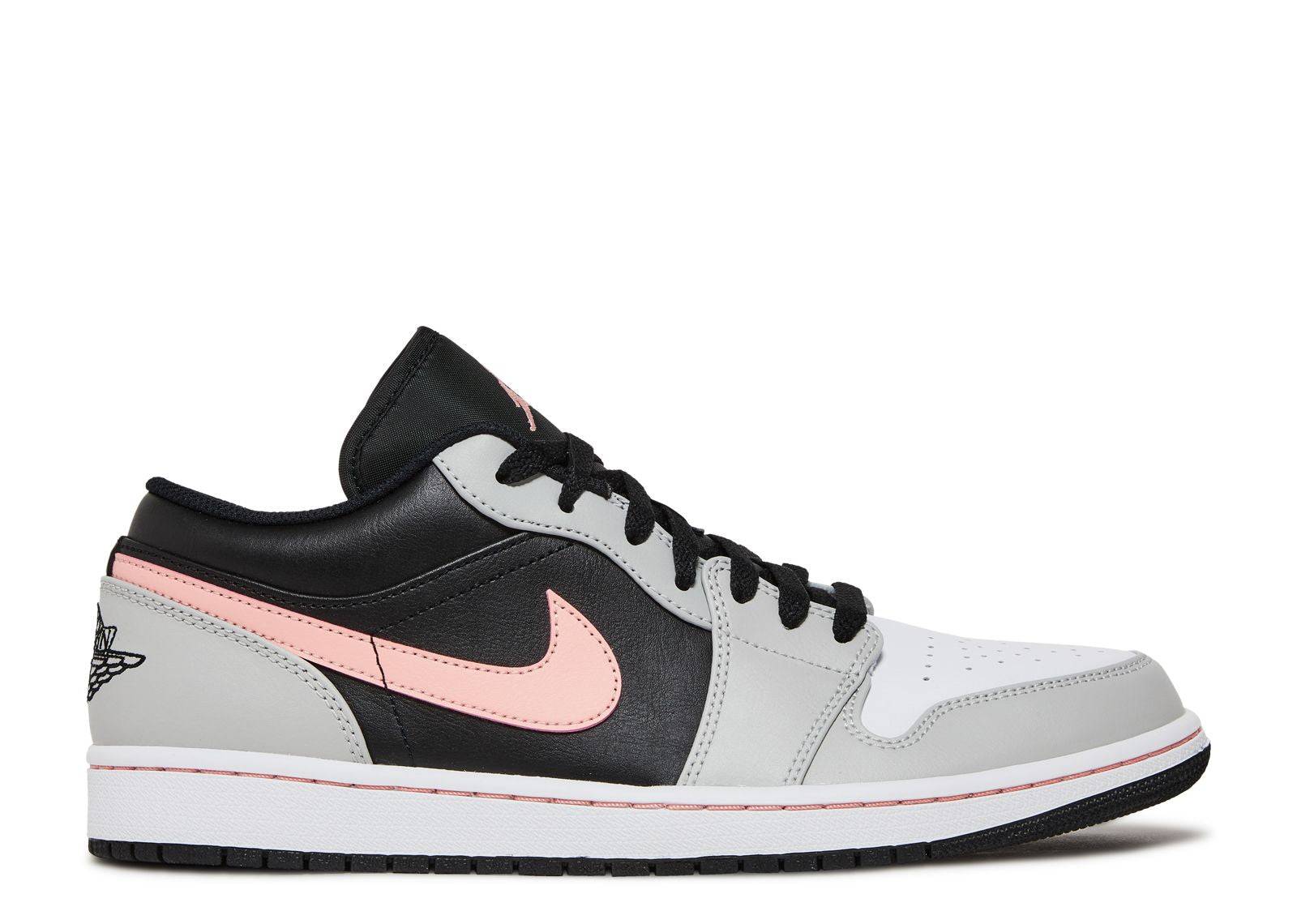 Air Jordan 1 Low Grey Fog Coral sneaker featuring a bleached coral Swoosh, cracked and smooth leather, suede overlays, and perforated toe box.