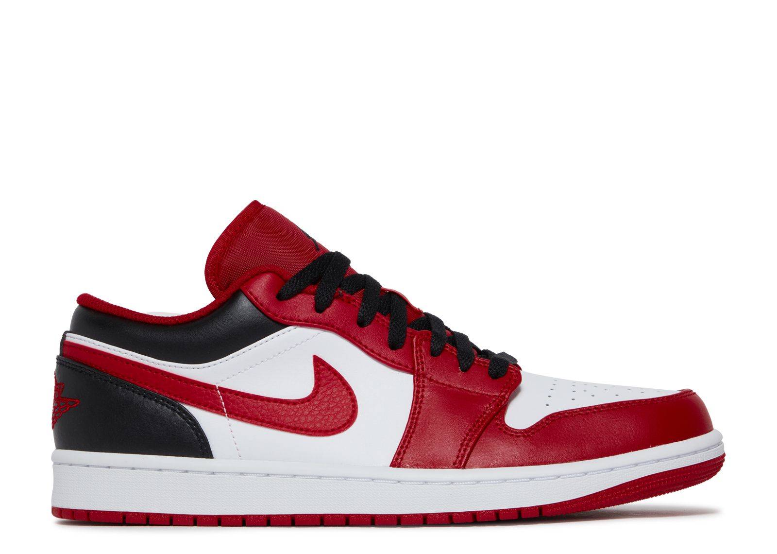 Air Jordan 1 Low Reverse Black Toe sneaker featuring a bold red, white, and black leather upper with foam cushioning and iconic branding. Stylish and durable design for casual wear.