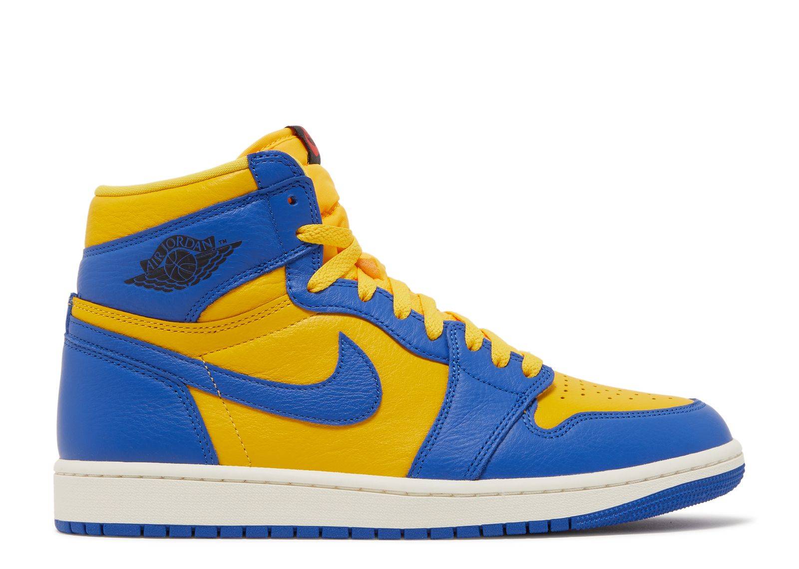 Wmns Air Jordan 1 Reverse Laney sneaker featuring a vibrant blue and yellow leather upper, high-top design, and iconic Jordan branding.