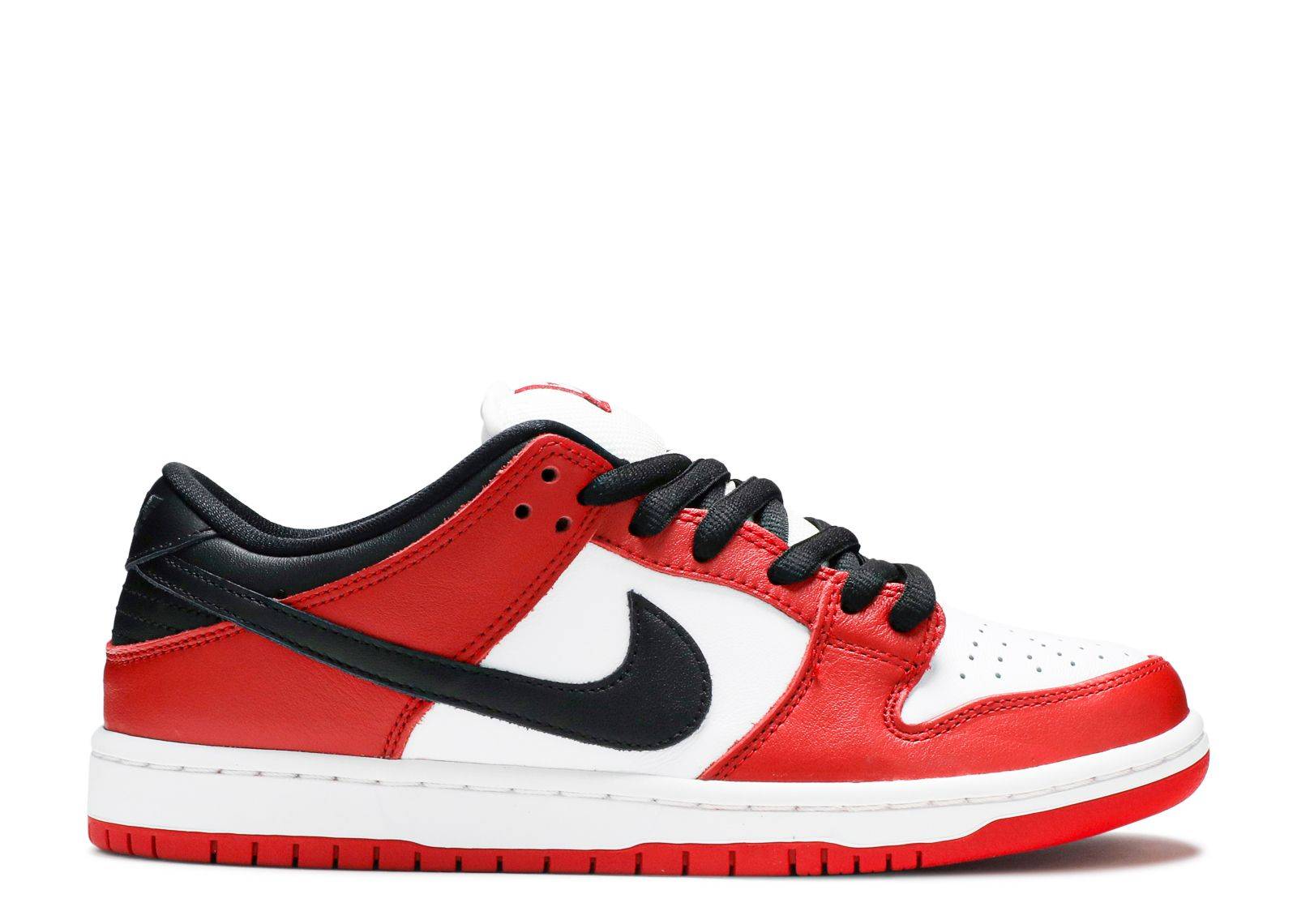 Dunk Low SB J-Pack Chicago sneaker featuring a red, white, and black colorway inspired by Air Jordan 1, with a skate-friendly design.