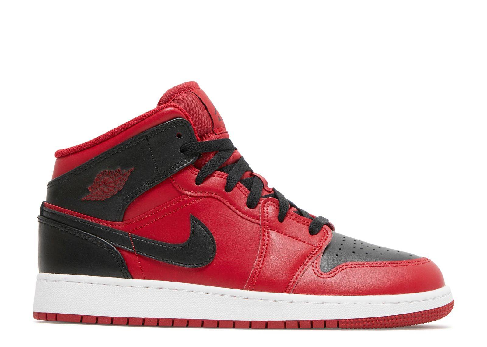 Air Jordan 1 Mid GS Reverse Bred sneaker featuring red leather overlays, black accents, and a white midsole with a red outsole. Perfect for grade school sizes.