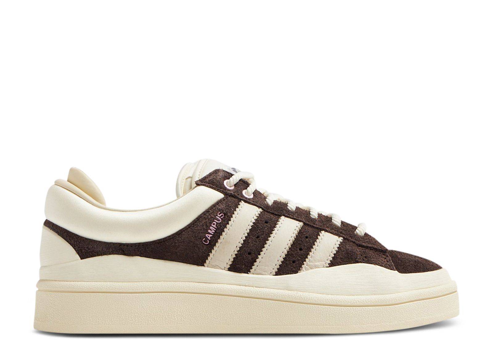 Bad Bunny x Campus Deep Brown sneaker featuring brown suede upper, cream 3-Stripes, and double tongue design. Adidas collaboration.