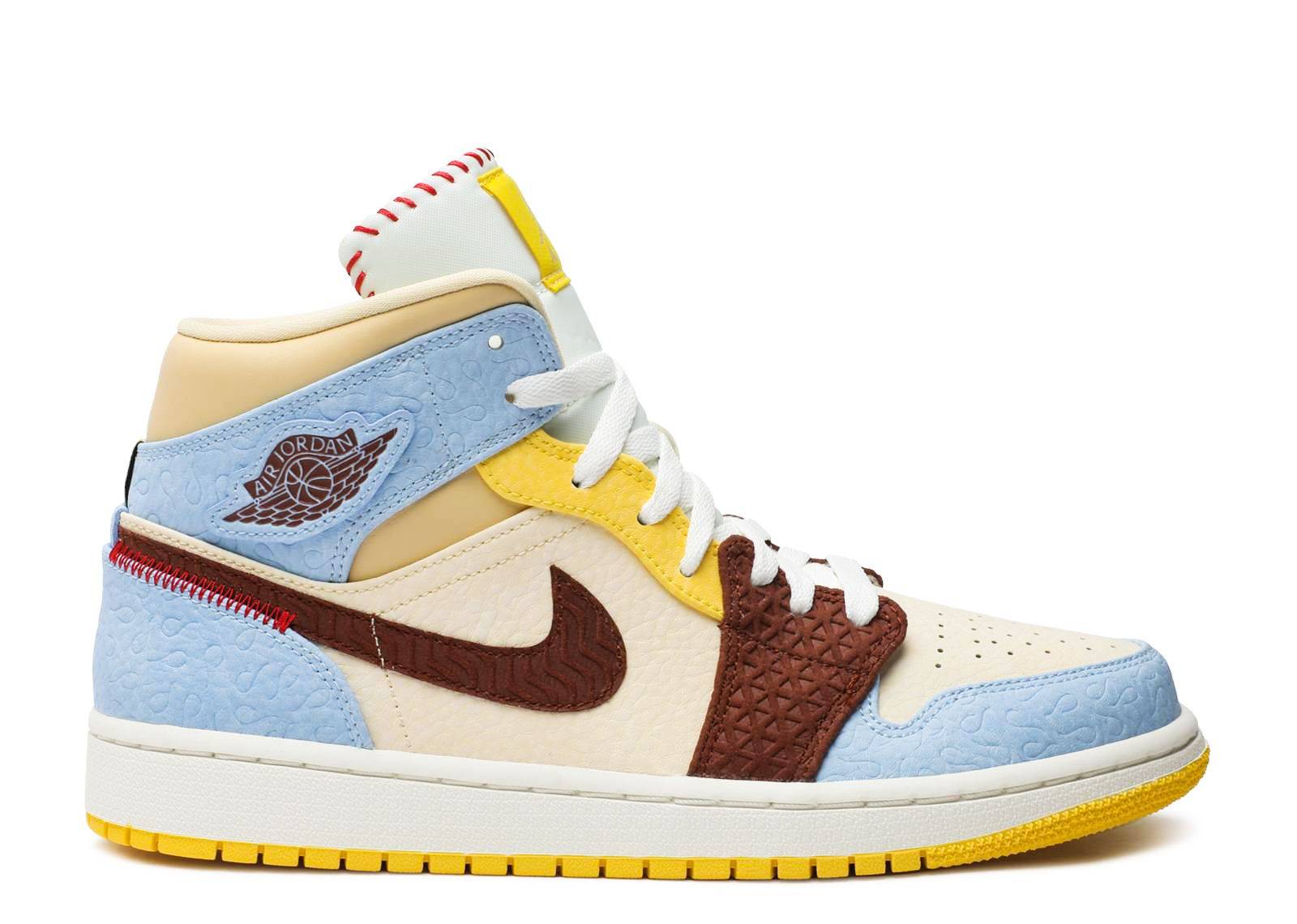 Maison Chateau Rouge x Air Jordan 1 Mid SE sneaker featuring a vibrant mix of blue, yellow, and brown leather with intricate patterns. Available at Enzo London.