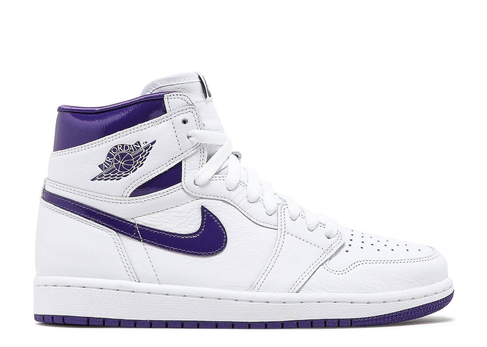 Wmns Air Jordan 1 High OG Court Purple sneaker featuring white leather upper with Court Purple accents, iconic Wings logo, and Nike Swoosh. Classic style for women, released June 2021.