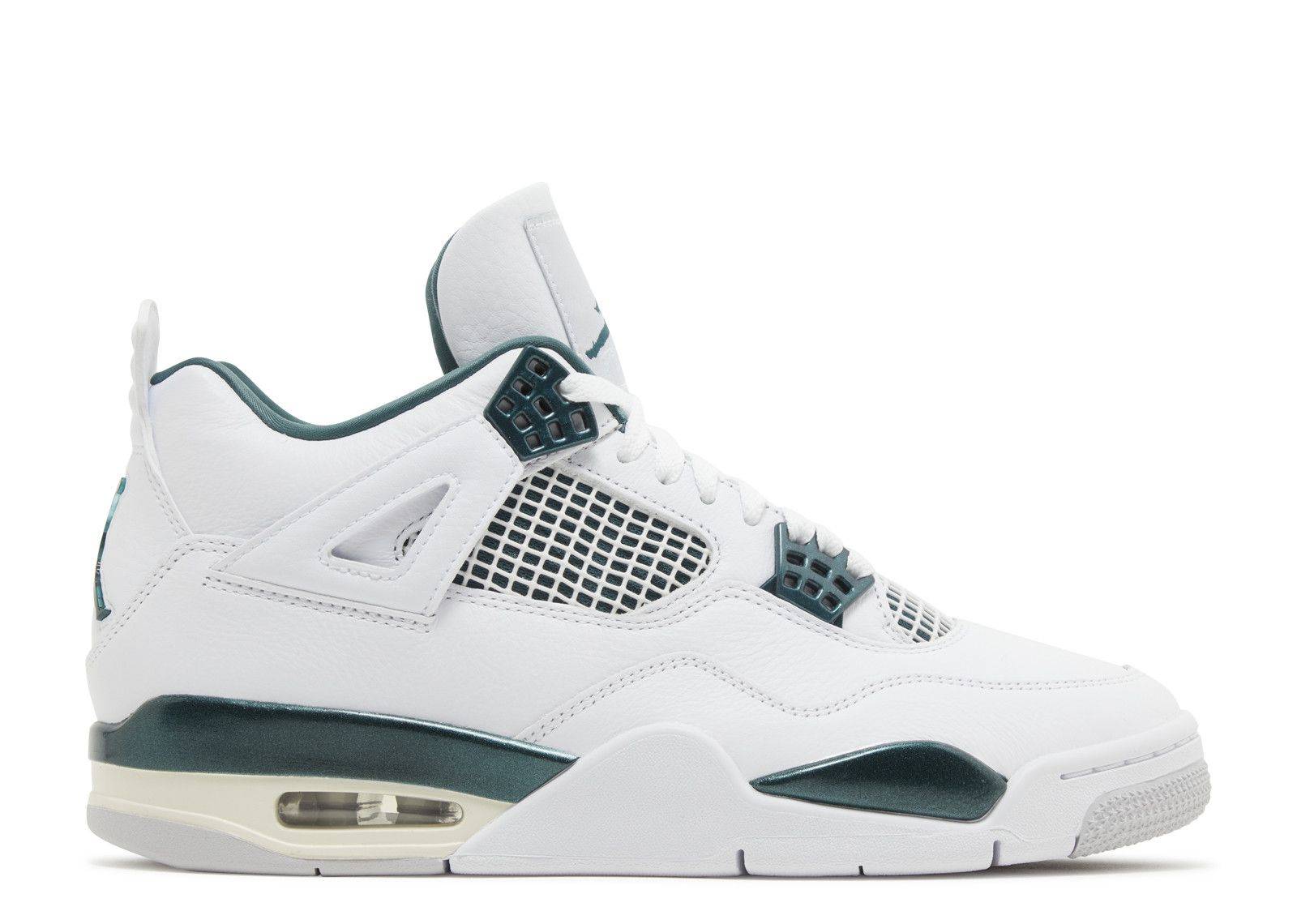 Air Jordan 4 Retro Oxidized Green sneaker featuring a white leather upper, tonal overlays, and green accents. Iconic silhouette with visible air units for comfort.