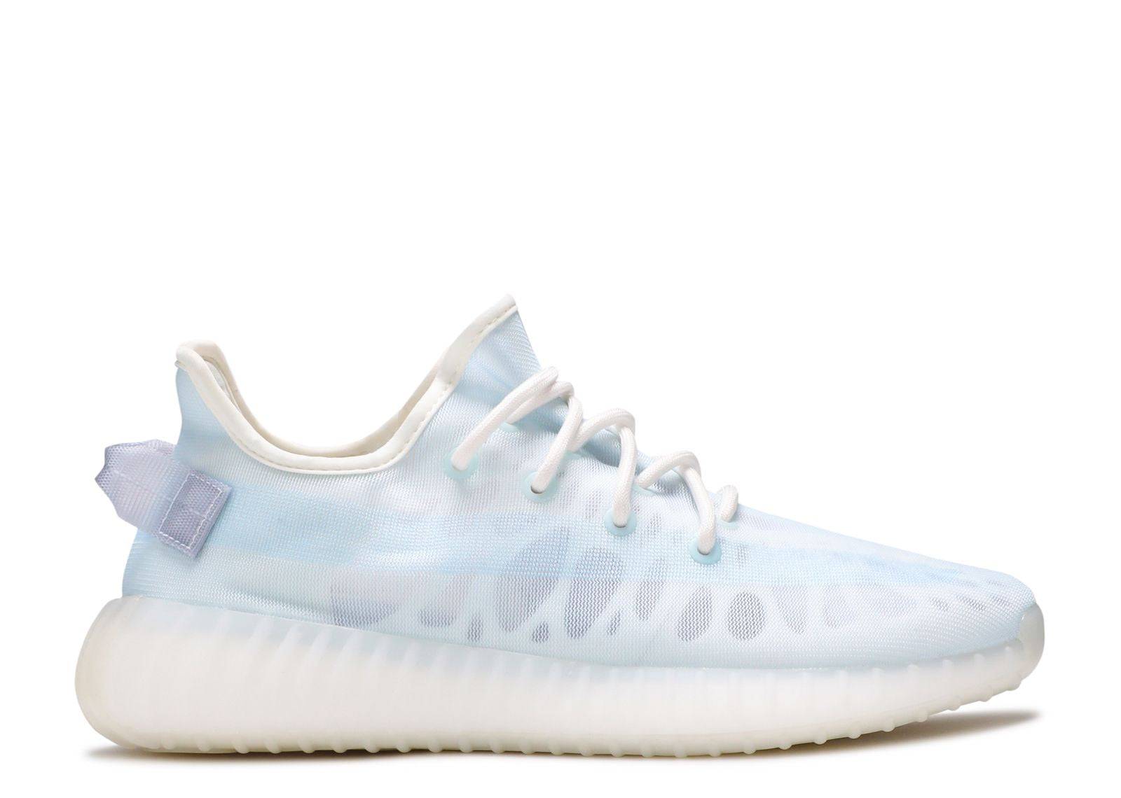 Yeezy Boost 350 V2 Mono Ice sneaker featuring a translucent monofilament mesh upper in light blue with a Boost sole and pull tab design.