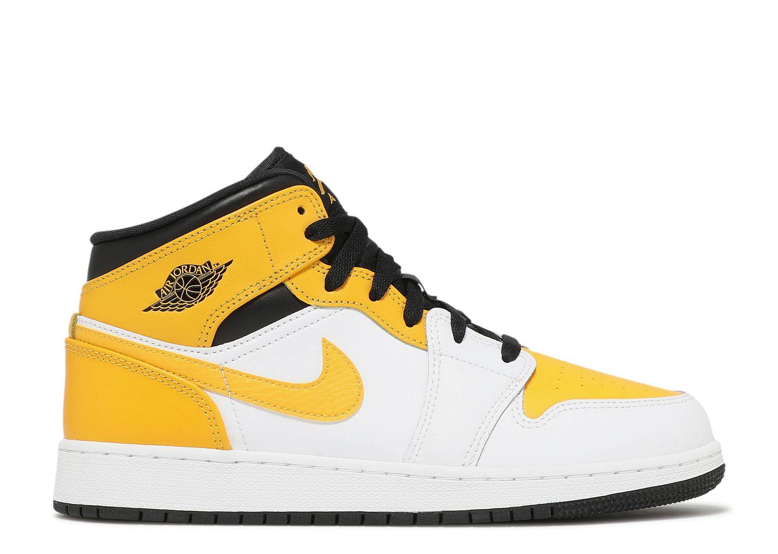 Air Jordan 1 Mid GS University Gold sneakers featuring gold leather overlays, white base, black accents, and Jumpman branding. Grade-school sizing.