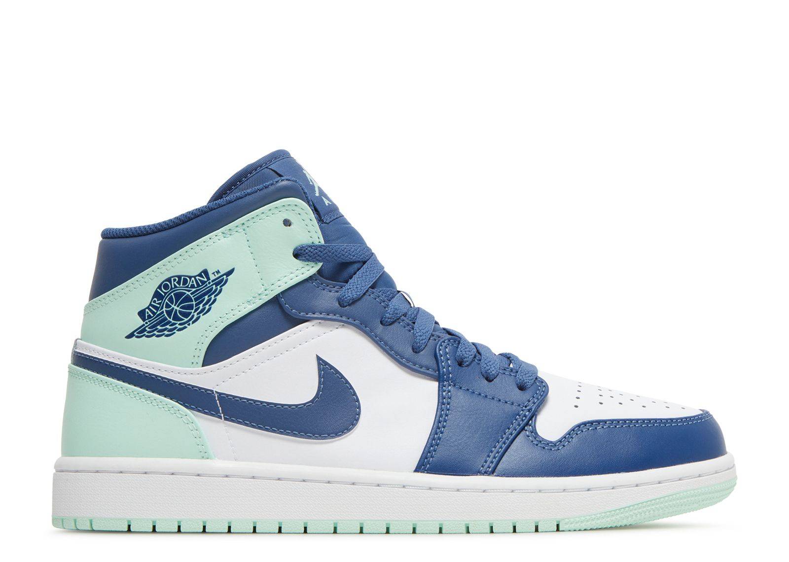 Air Jordan 1 Mid Blue Mint sneaker featuring a stylish blue and mint green colorway with white accents. Perfect for sneaker enthusiasts and casual wear.