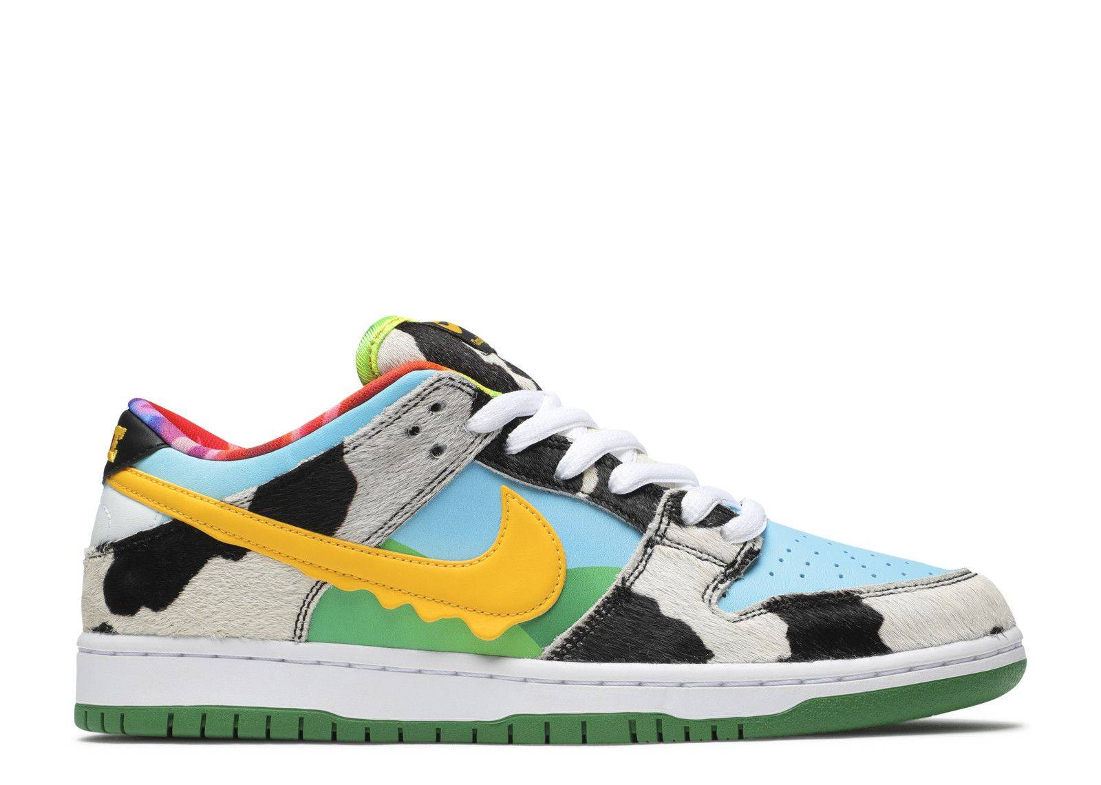 Nike Dunk Low SB x Ben & Jerry's Chunky Dunky sneaker featuring a vibrant design with faux cowhide, melting ice cream accents, and a yellow Swoosh.