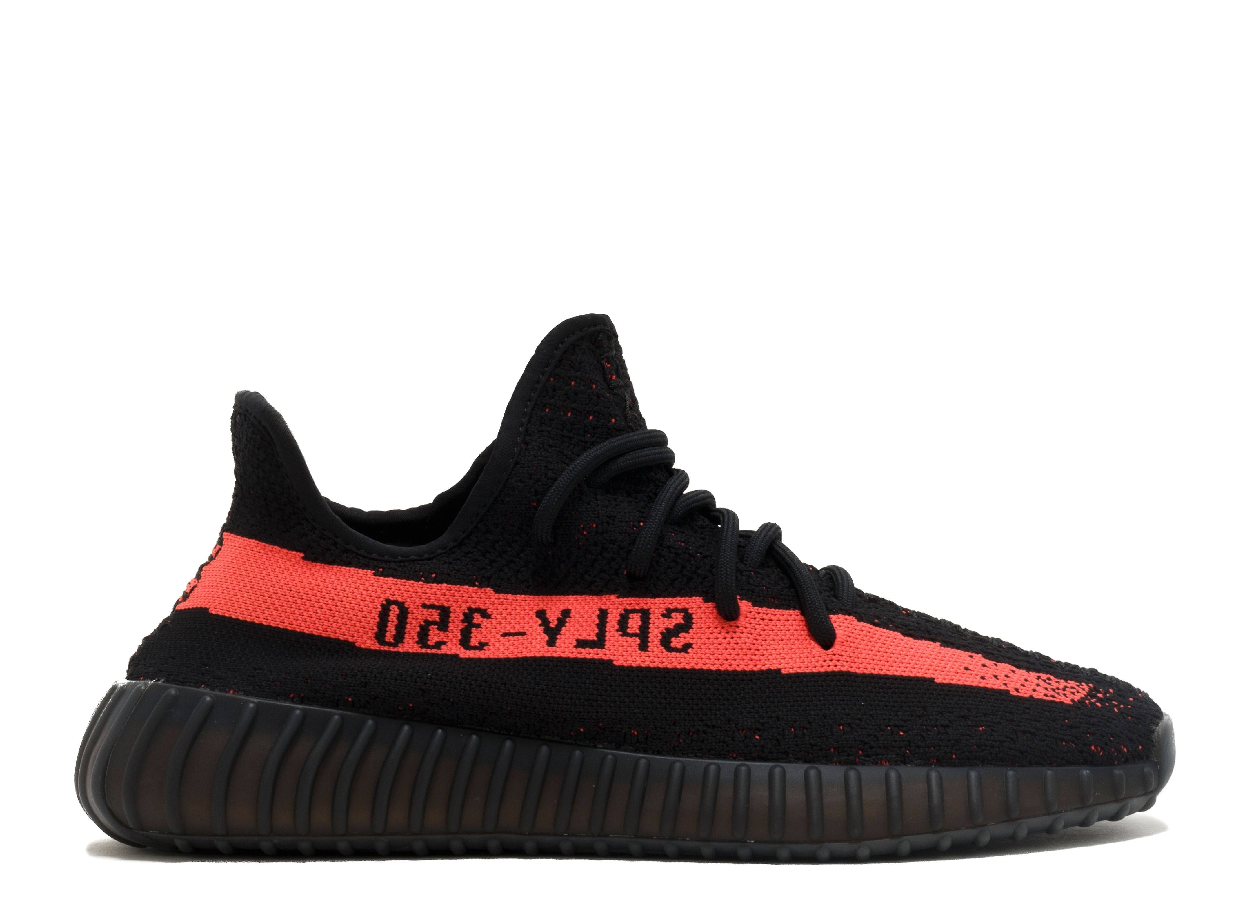 Yeezy Boost 350 V2 Red sneaker featuring a black Primeknit upper with a bold red 'SPLY-350' stripe and ribbed Boost midsole.