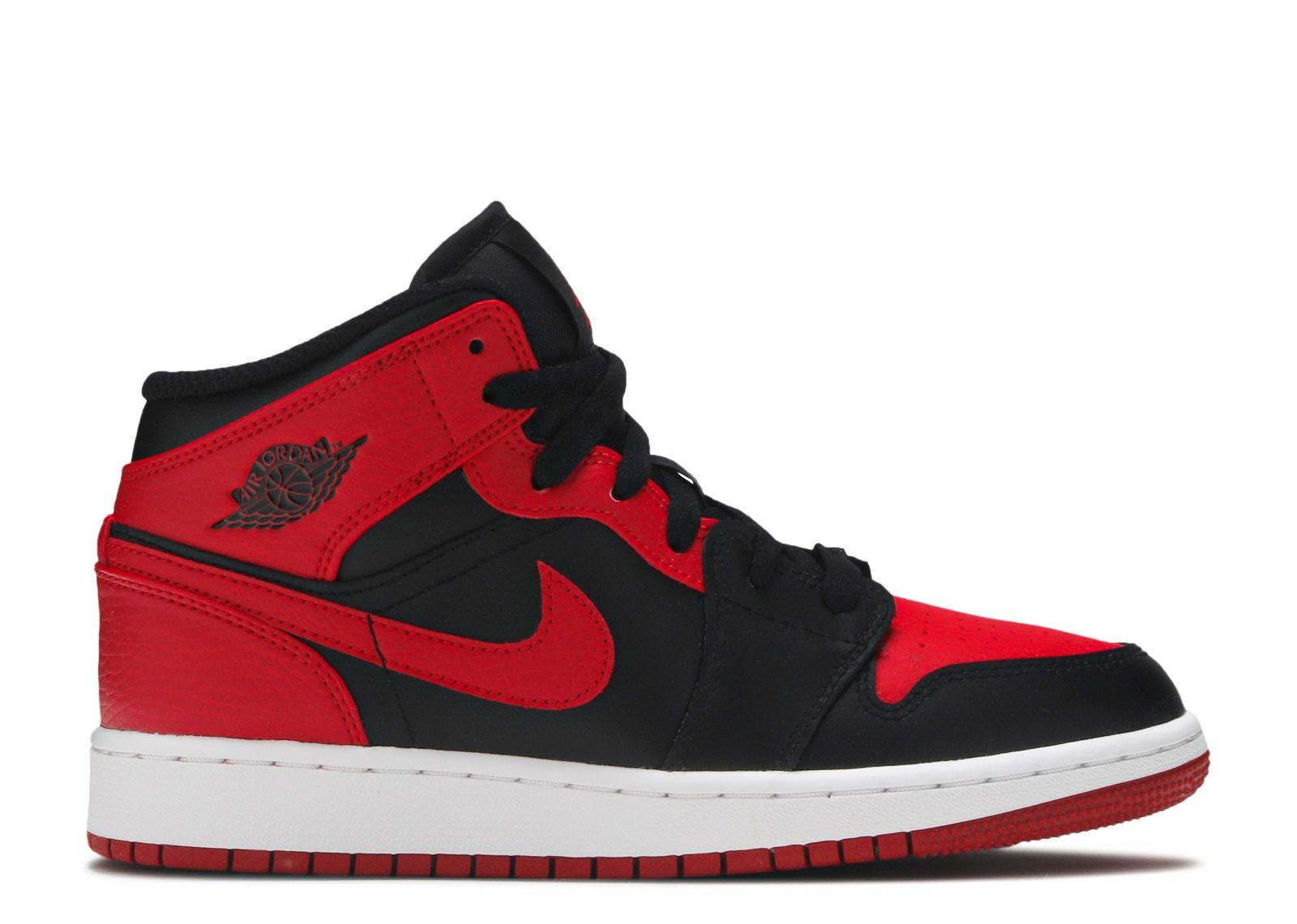 Air Jordan 1 Mid GS Banned kids sneakers featuring red leather overlays, black laces, and a contrasting black base with a white midsole.