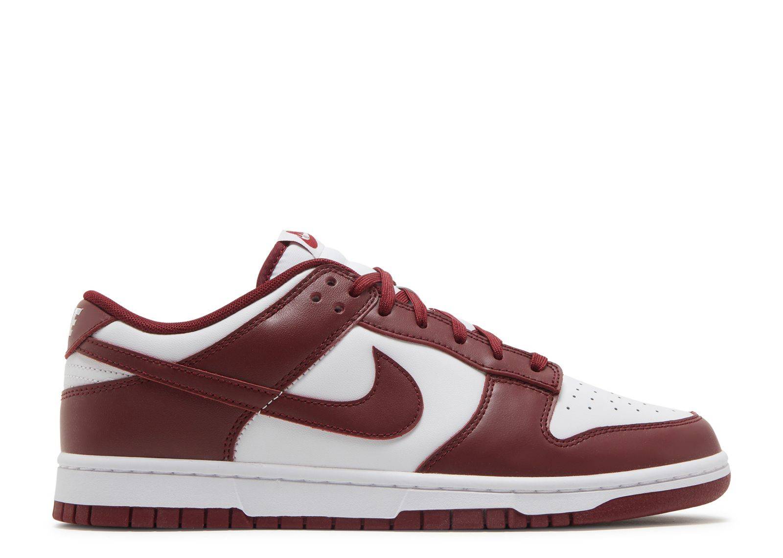 Nike Dunk Low Team Red sneaker featuring a white leather base with Team Red overlays, swoosh, and laces. Classic design with iconic sole.