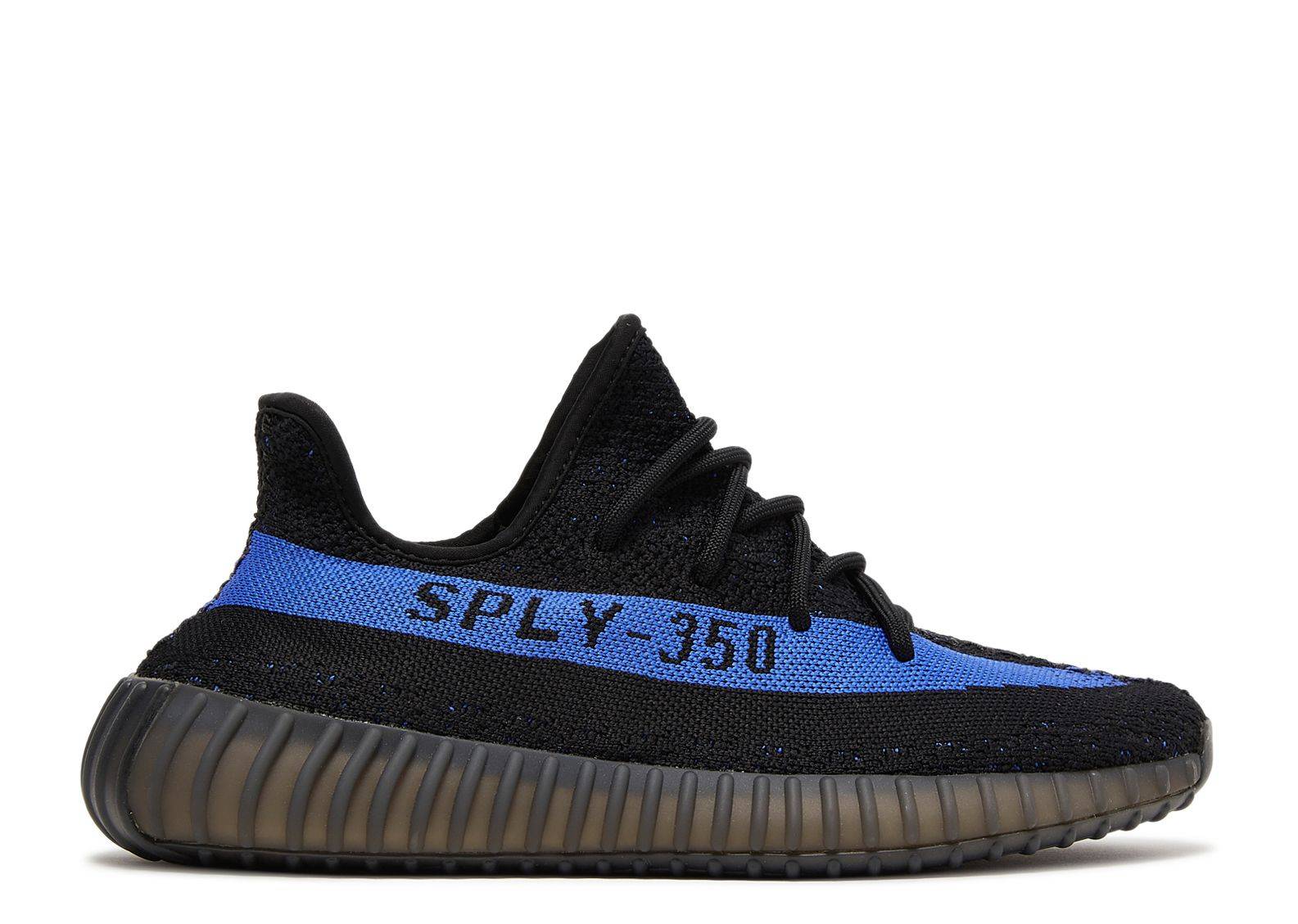 Yeezy Boost 350 V2 Dazzling Blue sneaker featuring a black Primeknit upper, vibrant blue side stripe with 'SPLY-350' text, and a cushioned Boost sole.