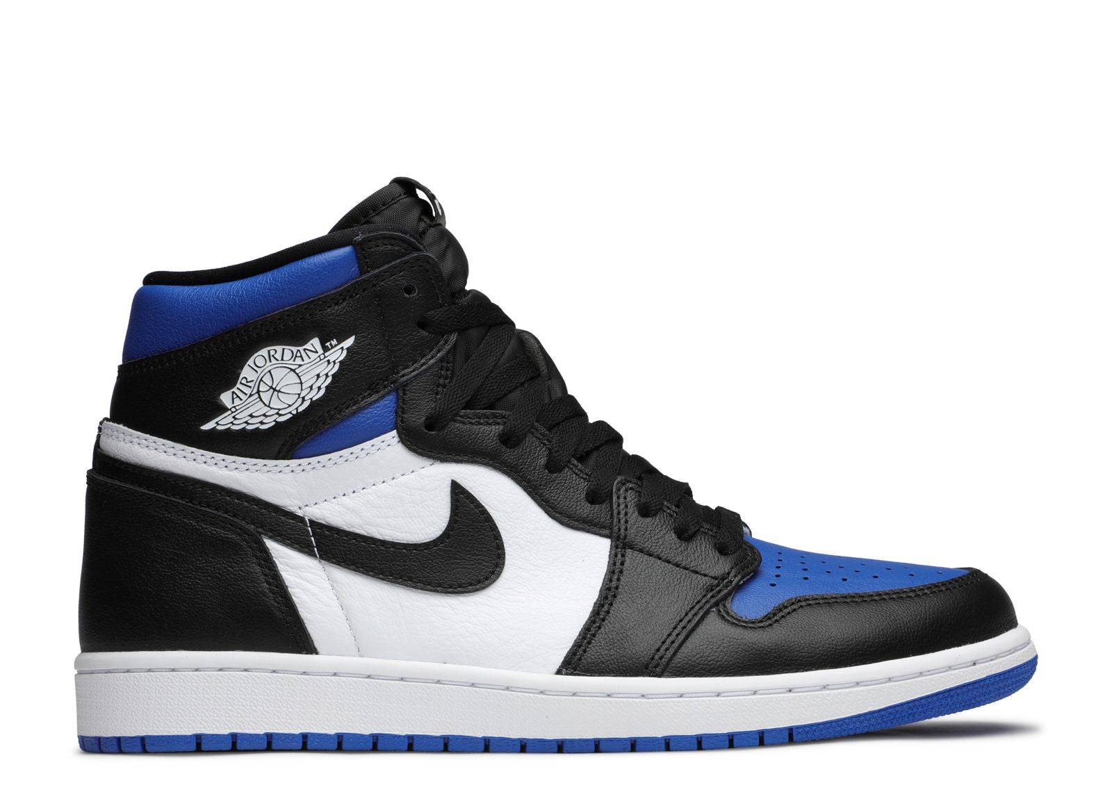 Air Jordan 1 Retro High OG Royal Toe sneaker featuring a black, white, and royal blue leather upper with iconic Nike swoosh. Perfect for Jordan enthusiasts seeking a stylish and comfortable retro design.